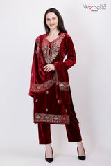 Womelle Elegant Maroon Embroidered Kurta Set