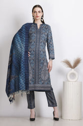 Blue Woollen Printed Straight Kurta Set