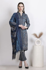 Blue Woollen Printed Straight Kurta Set