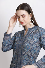 Blue Woollen Printed Straight Kurta Set