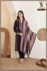 Wine Royal Embroidered Suit Set (With Printed Shawl)