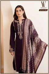 Wine Royal Embroidered Suit Set (With Printed Shawl)