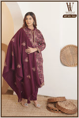 Maroon Regal Embroidered Suit Set (With Shawl)