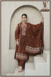 Brown Royal Embroidered Winter Suit Set (With Shawl)