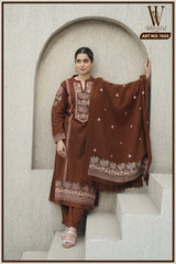 Brown Royal Embroidered Winter Suit Set (With Shawl)
