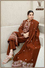 Brown Royal Embroidered Winter Suit Set (With Shawl)