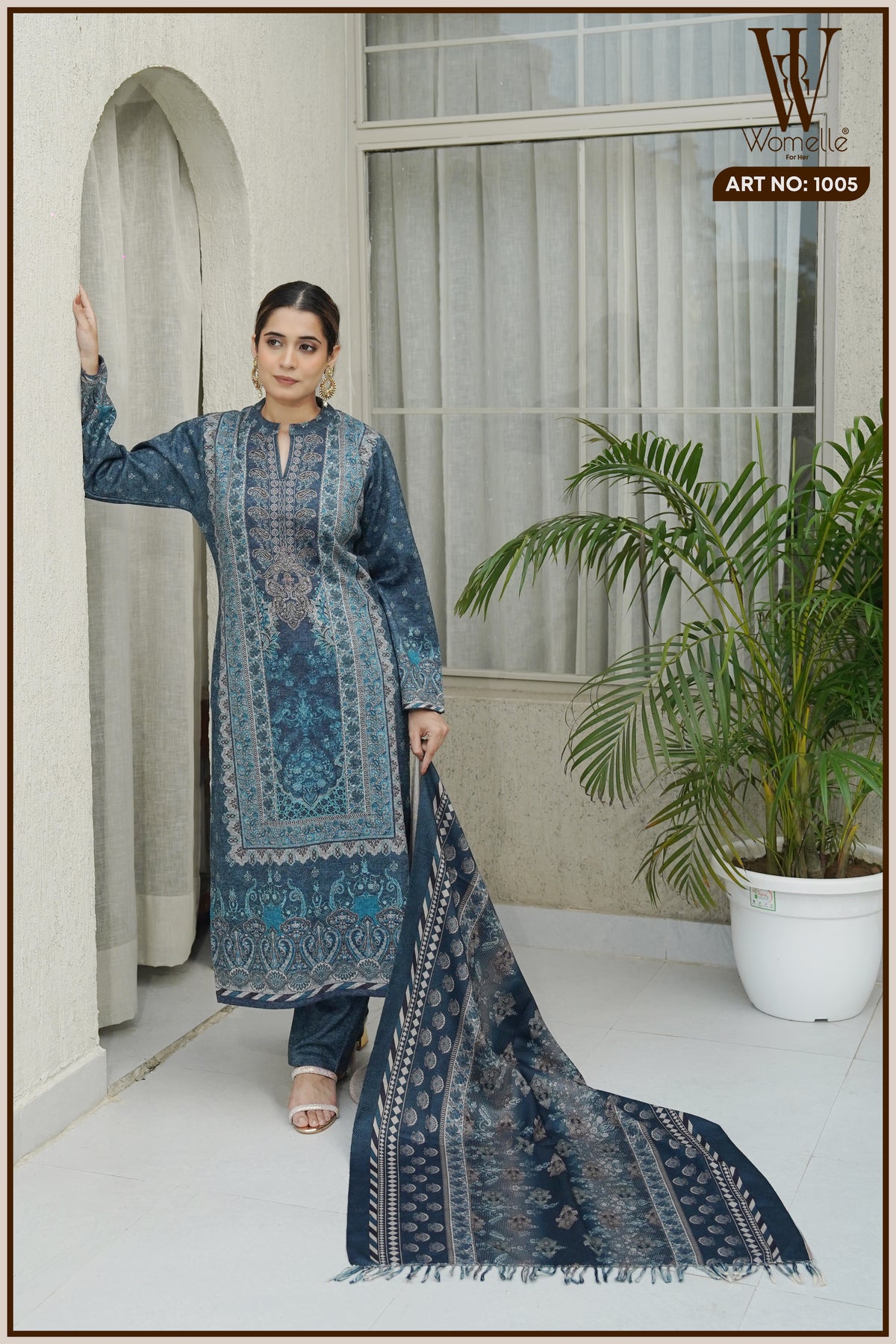 Azure Kashmiri Grandeur Winter Suit Set (With Shawl)