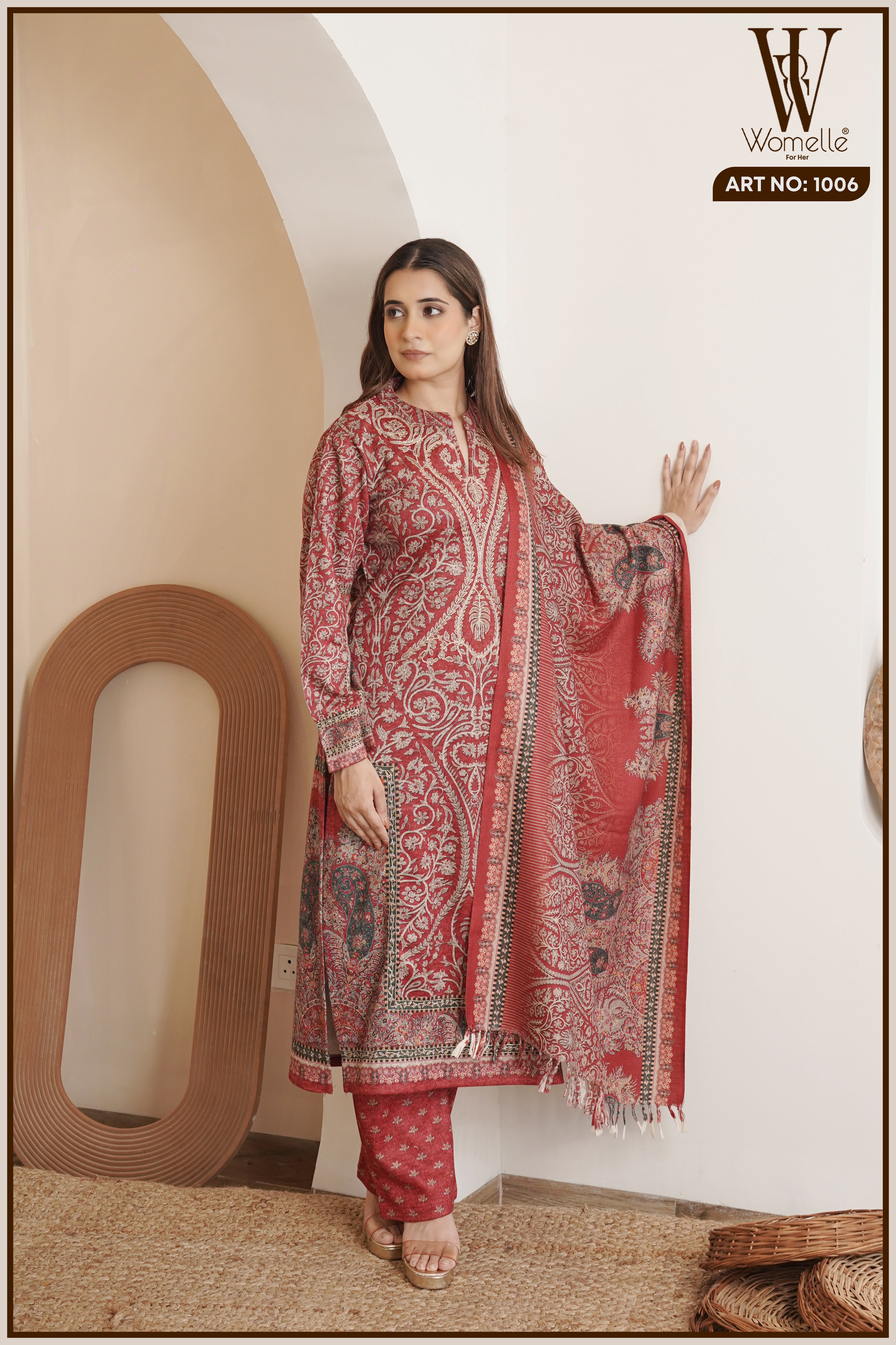 Crimson Kashmiri Royale Winter Suit Set (With Shawl)