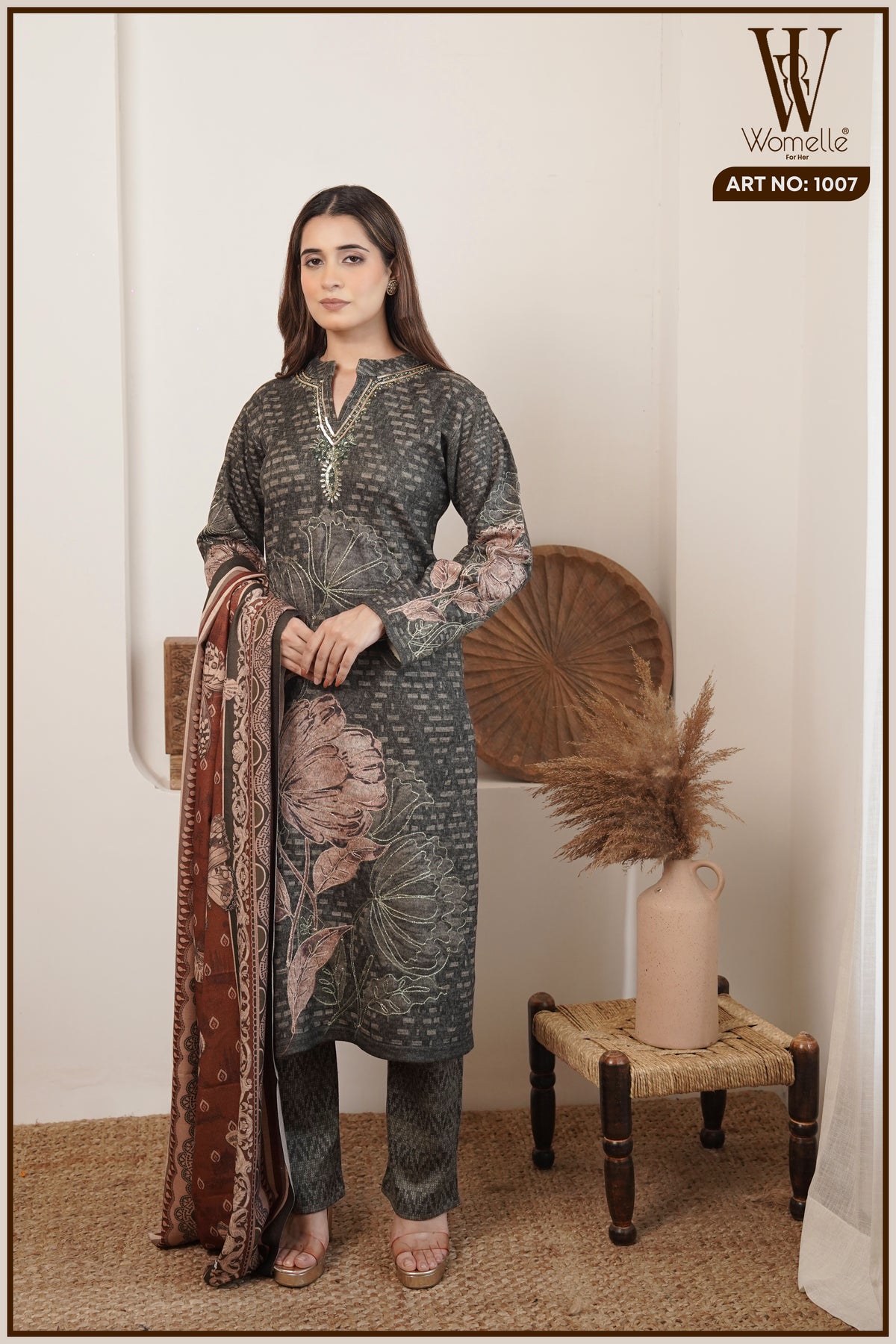 Bottle Green Winter Bloom Suit Set (With Shawl)