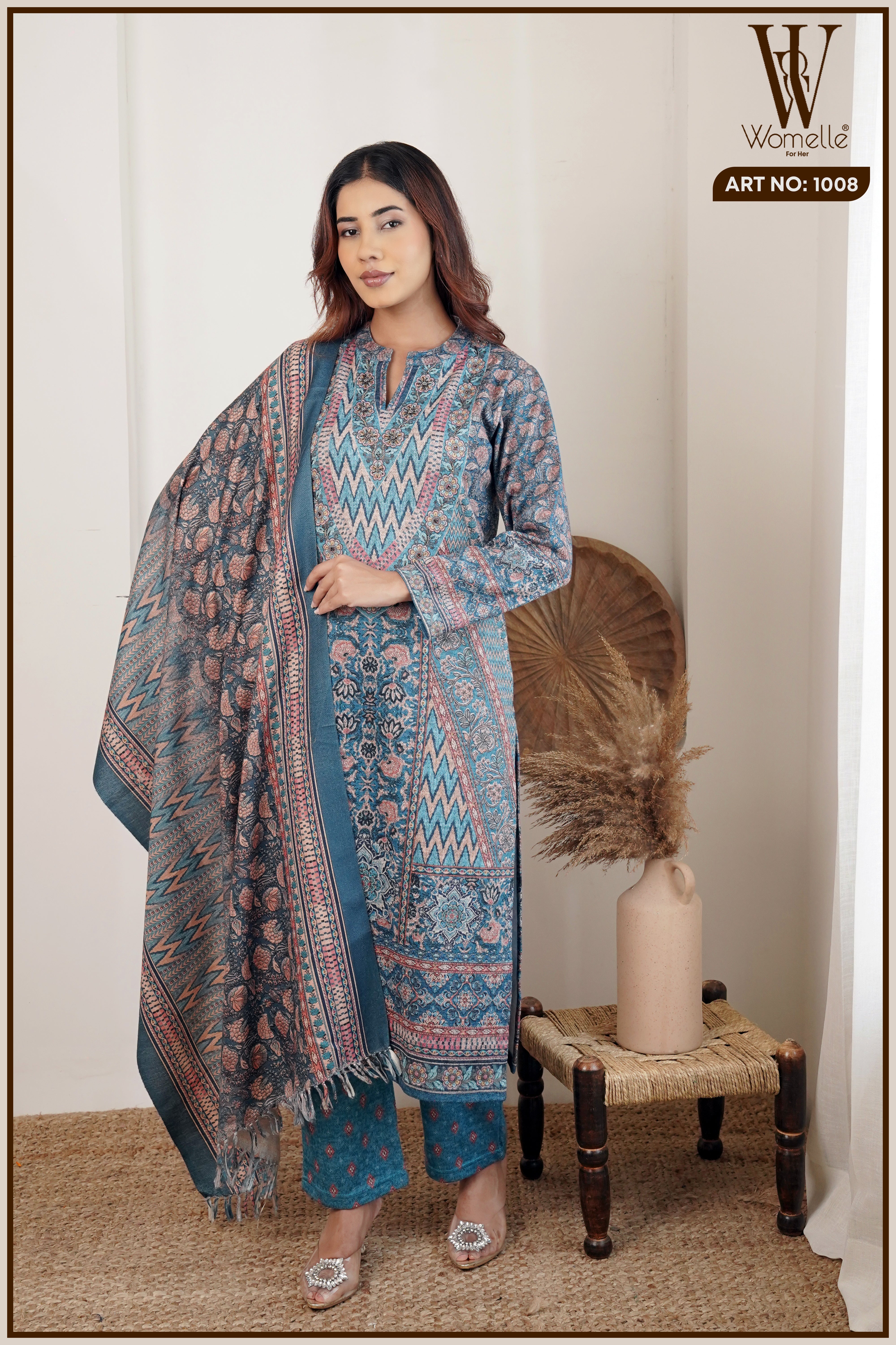 Sky Blue Ethnic Weave Winter Suit Set (With Shawl)