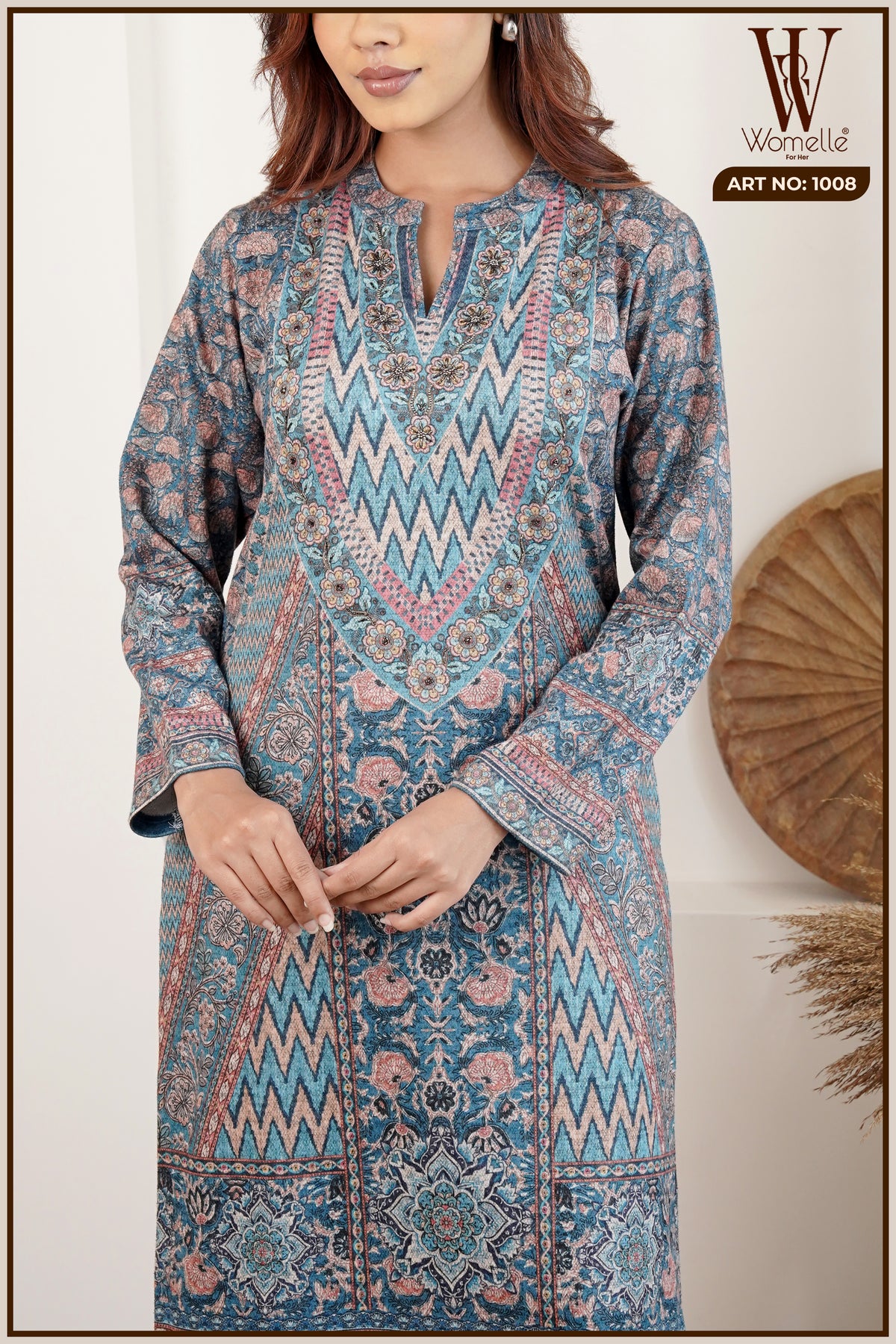 Sky Blue Ethnic Weave Winter Suit Set (With Shawl)