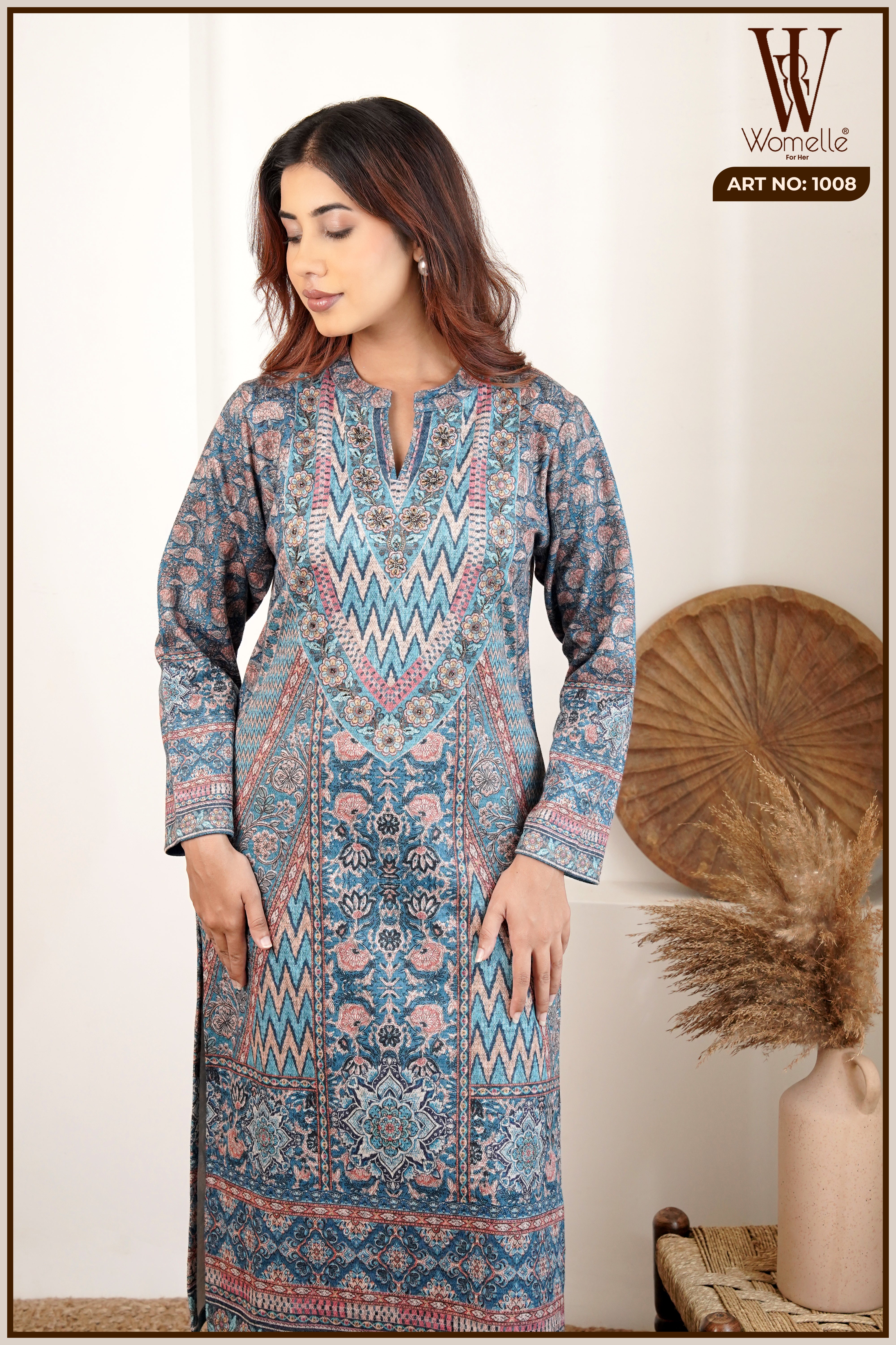 Sky Blue Ethnic Weave Winter Suit Set (With Shawl)