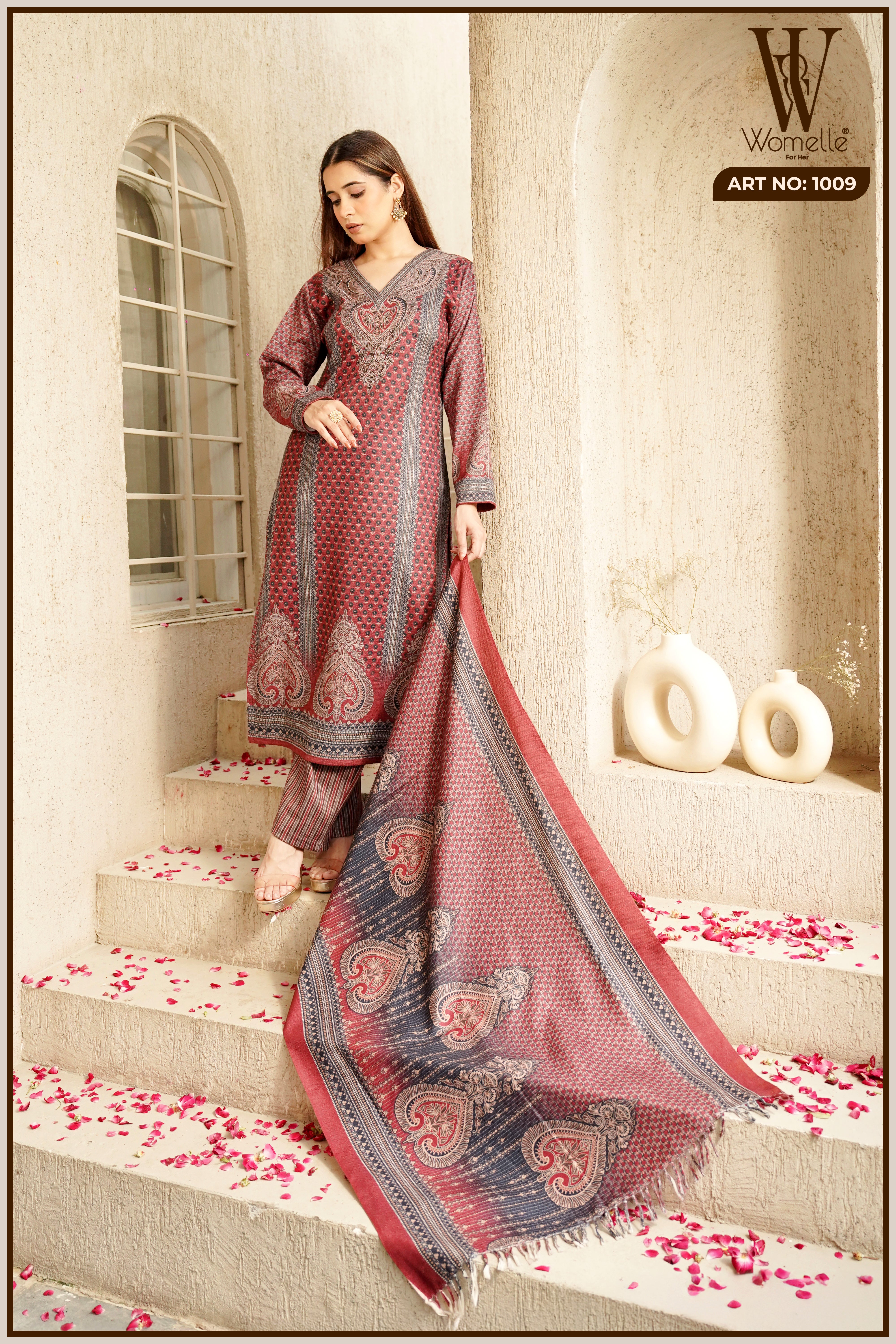 Maroon Royal Weave Winter Suit Set (With Shawl)