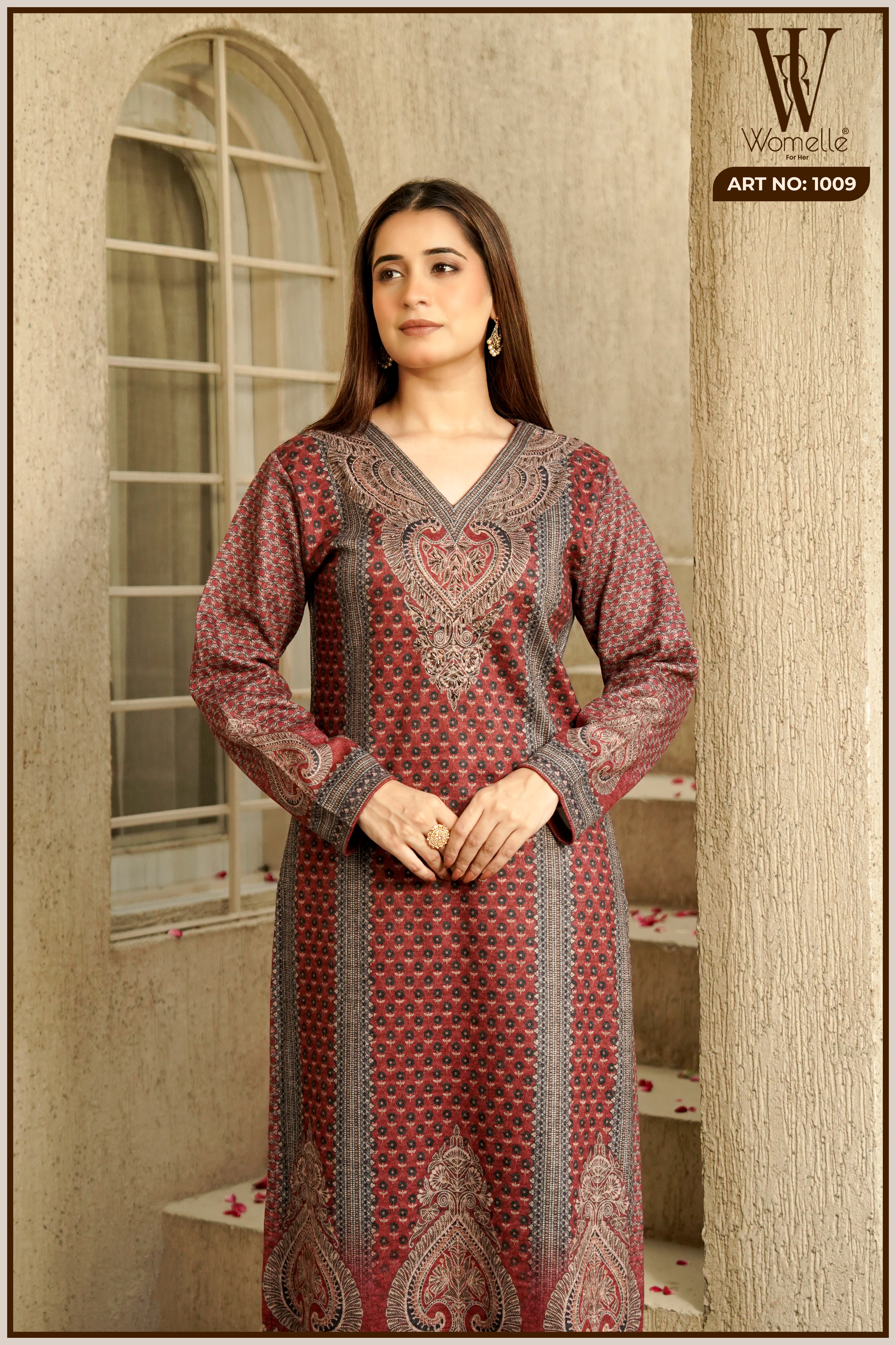 Maroon Royal Weave Winter Suit Set (With Shawl)