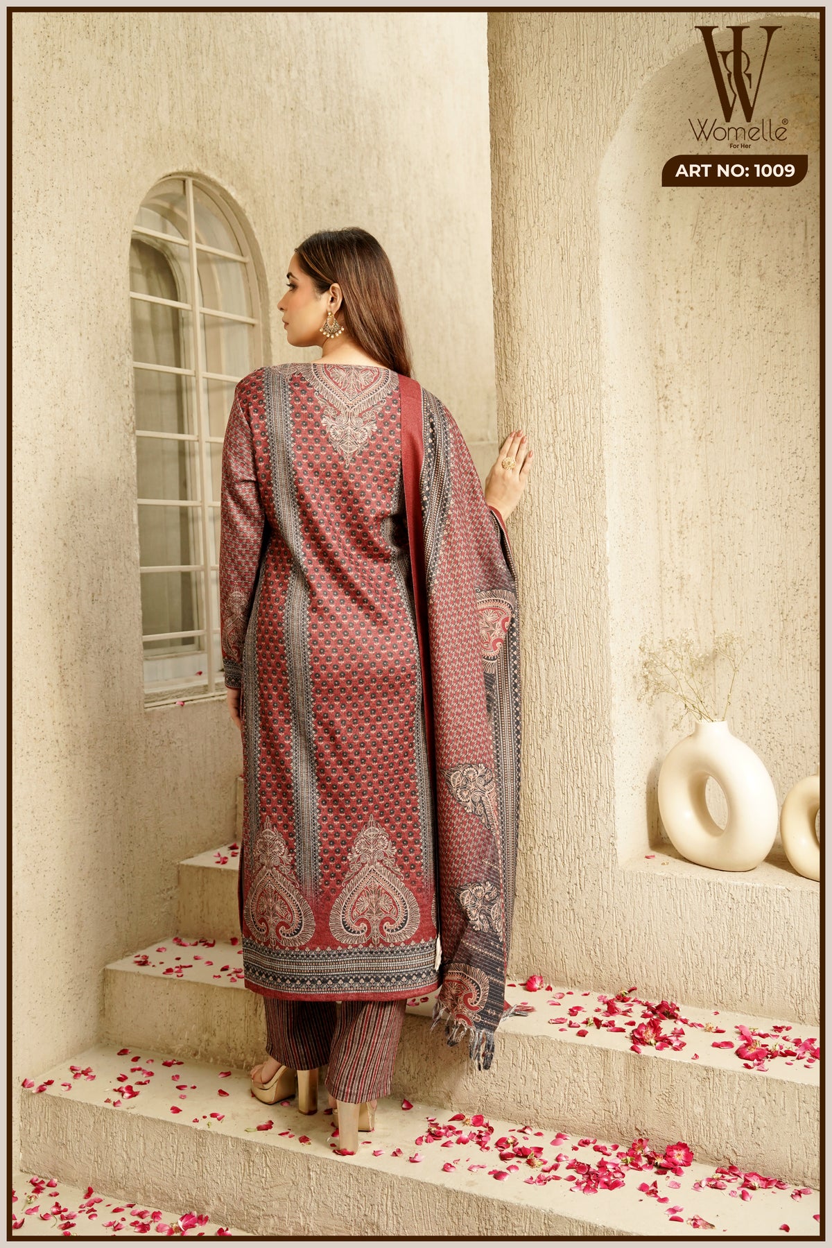 Maroon Royal Weave Winter Suit Set (With Shawl)