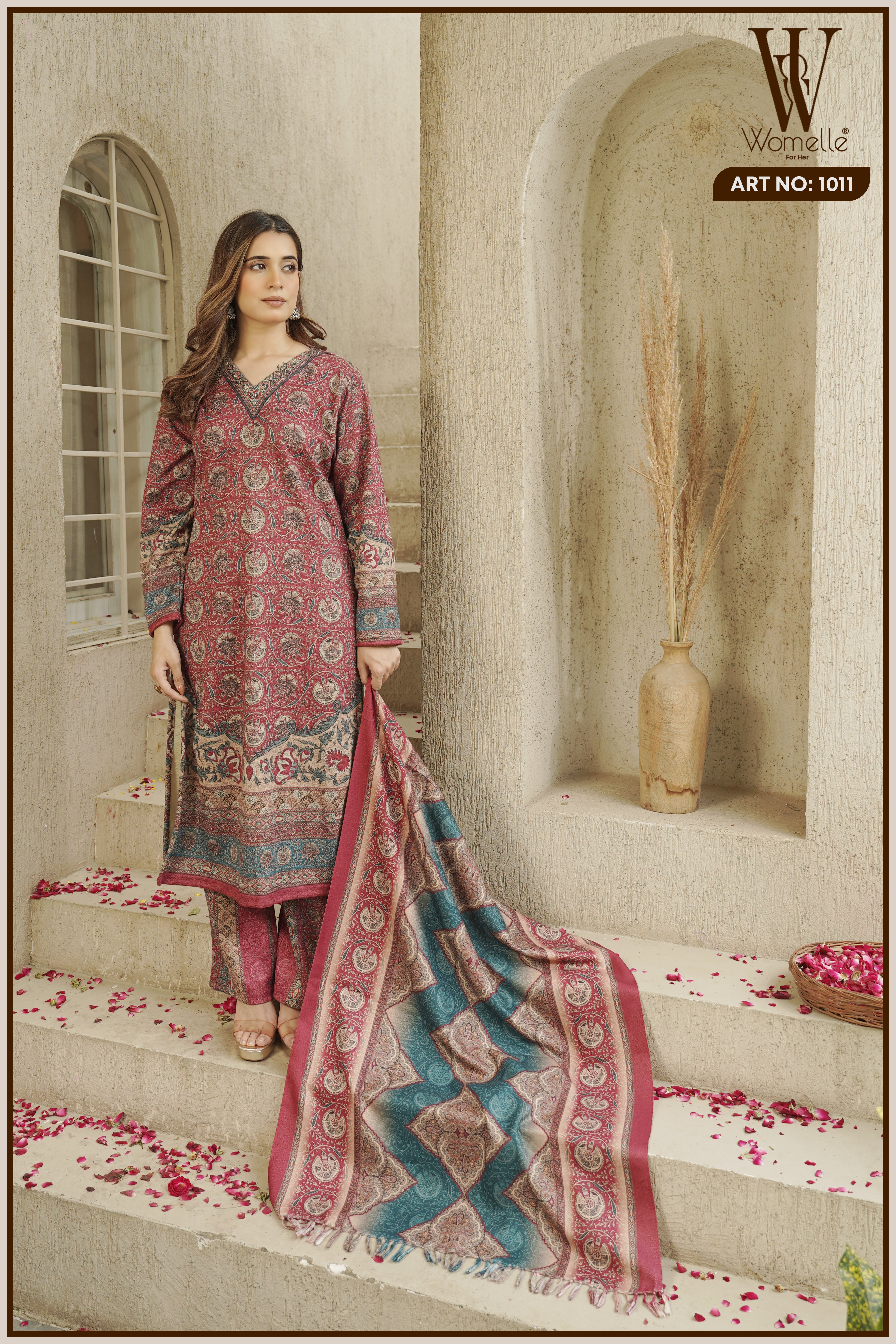 Maroon Winter Heritage Motif Suit Set (With Shawl)