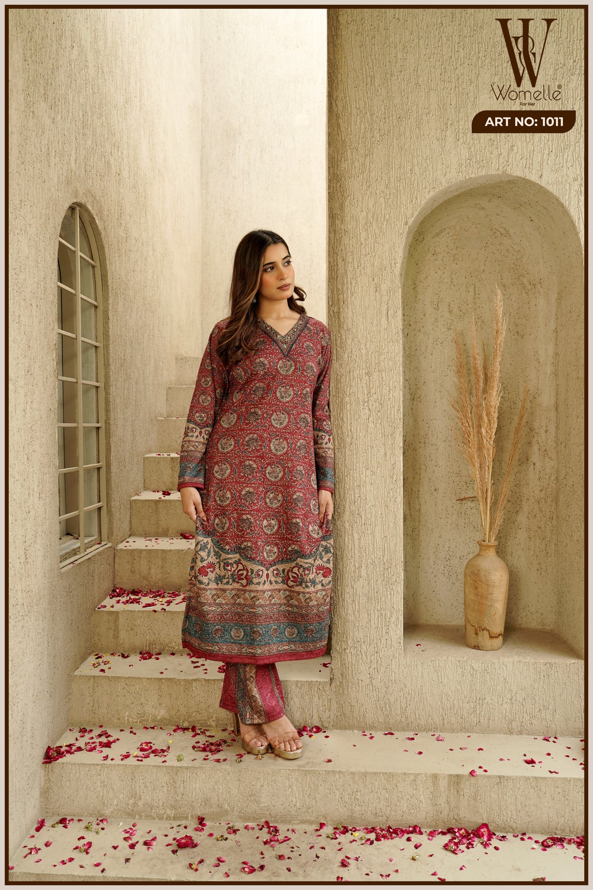 Maroon Winter Heritage Motif Suit Set (With Shawl)