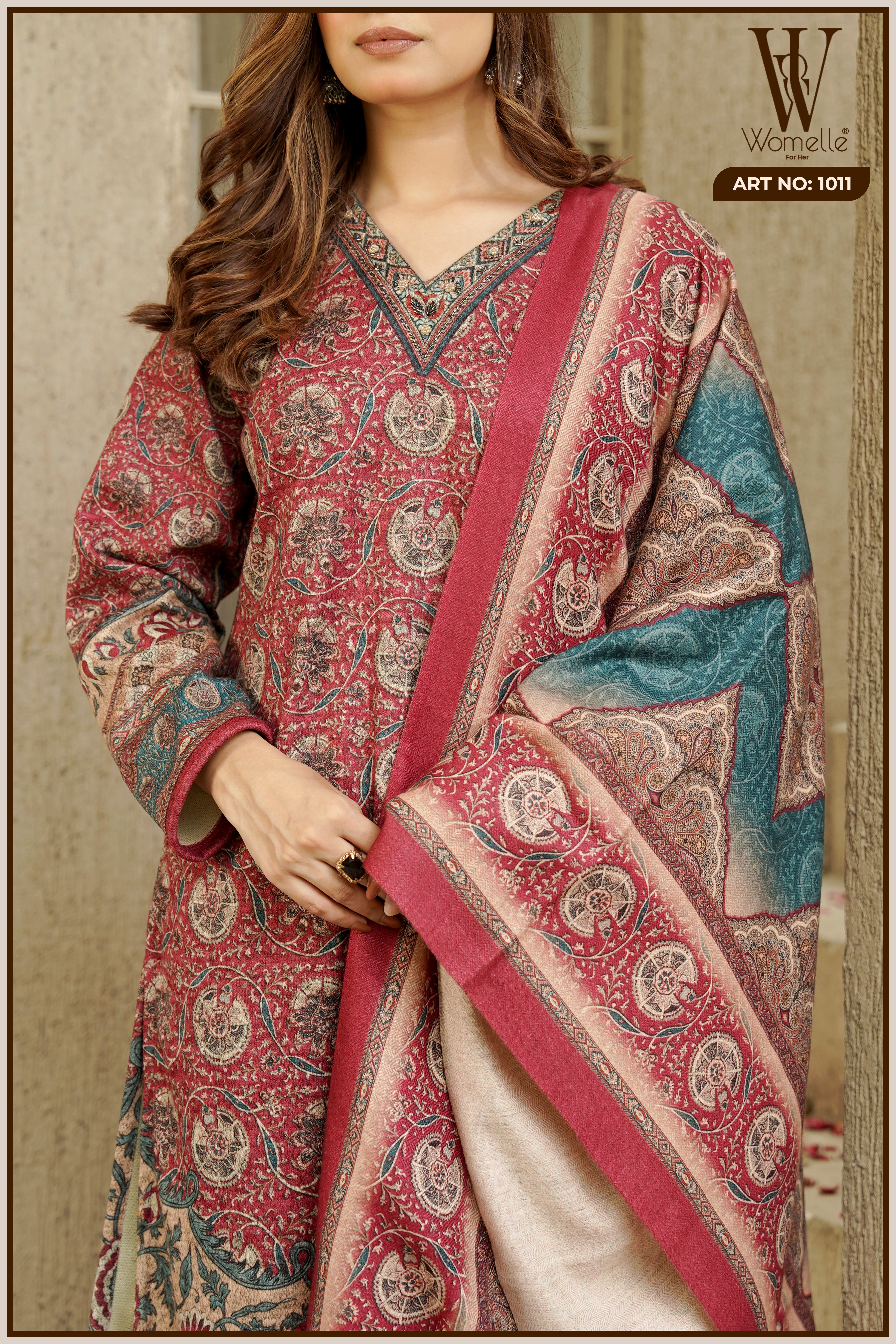 Maroon Winter Heritage Motif Suit Set (With Shawl)