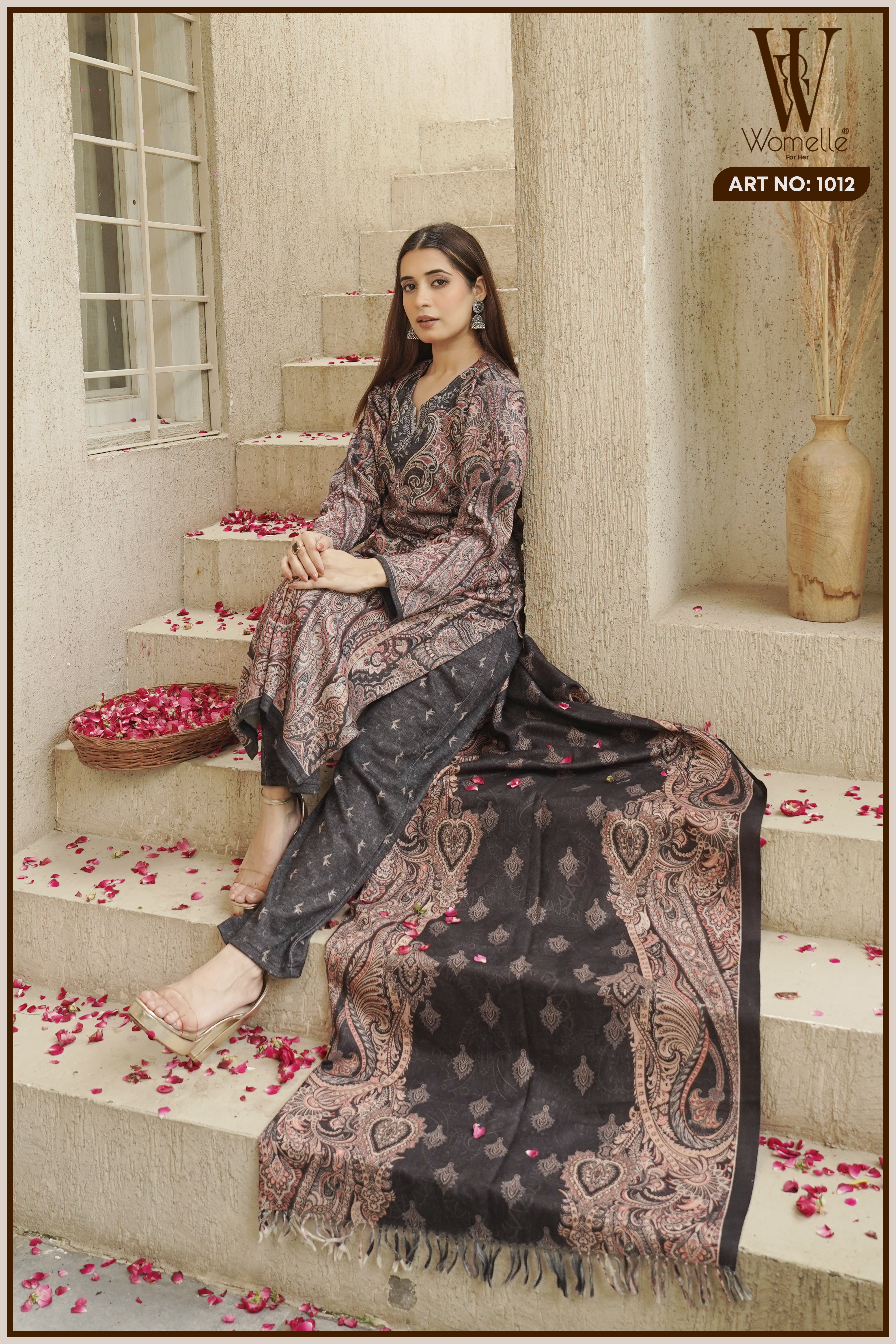 Coffee Regal Paisley Winter Suit Set (With Shawl)