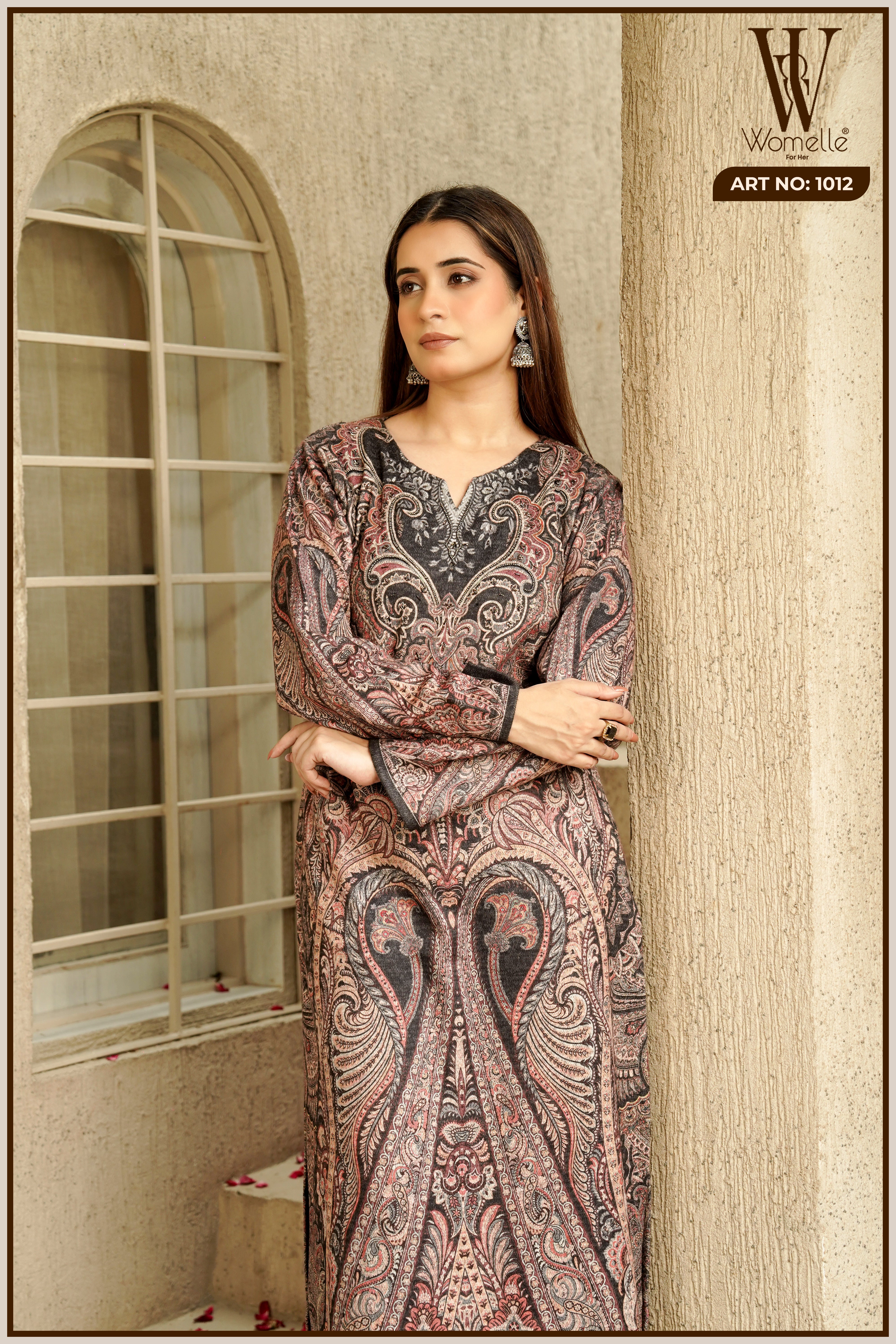 Coffee Regal Paisley Winter Suit Set (With Shawl)