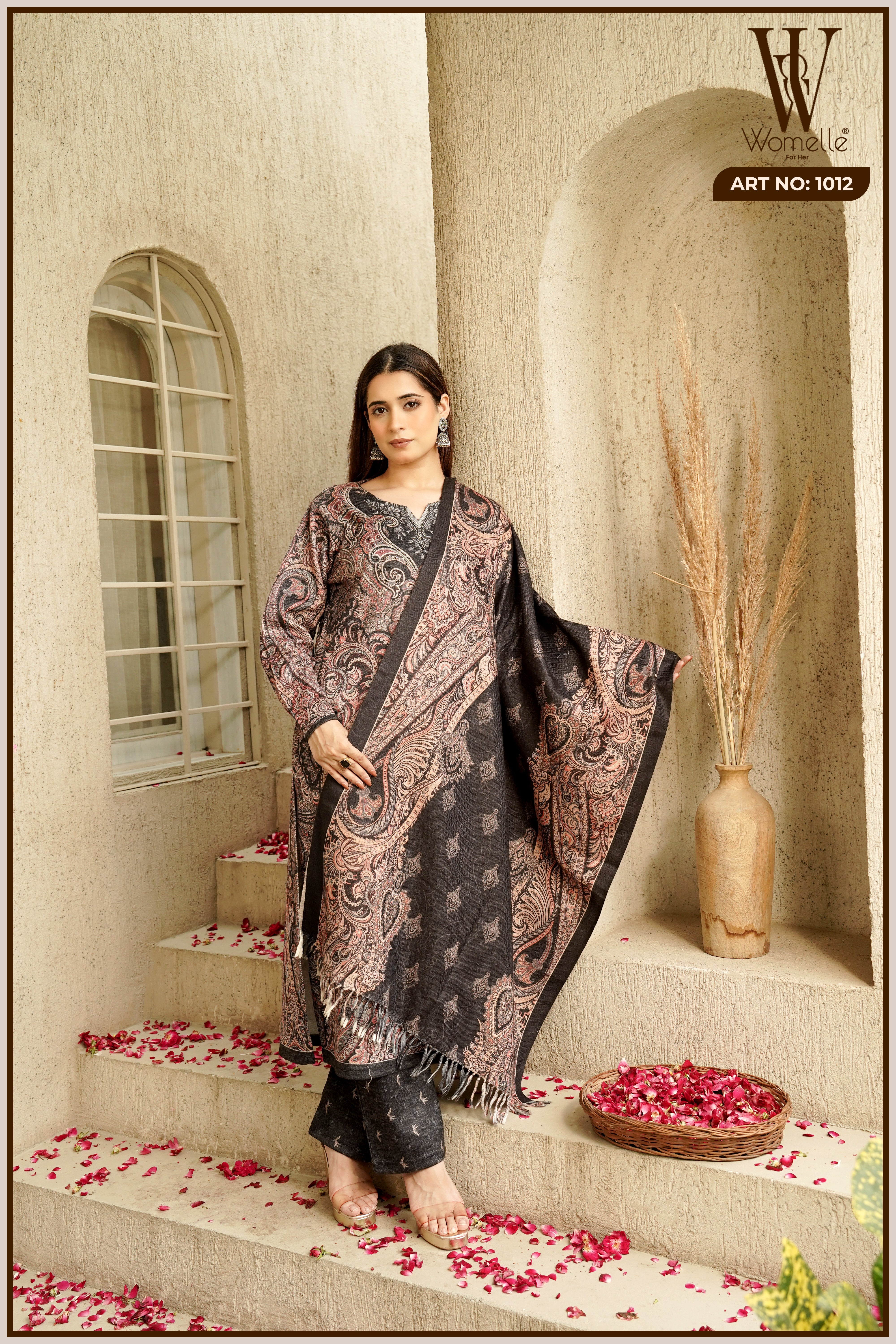 Coffee Regal Paisley Winter Suit Set (With Shawl)