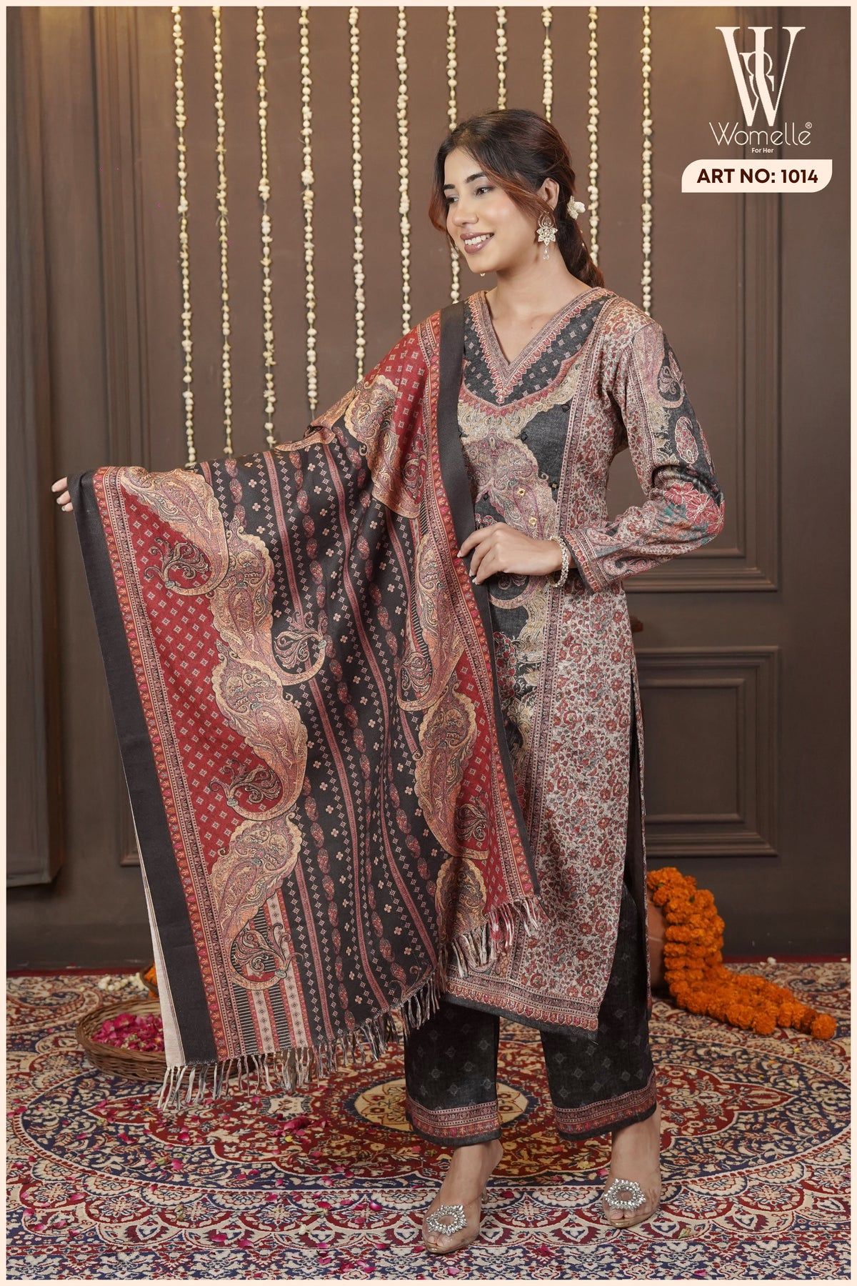 Dark Grey Royal Tapestry Winter Suit Set (With Shawl)