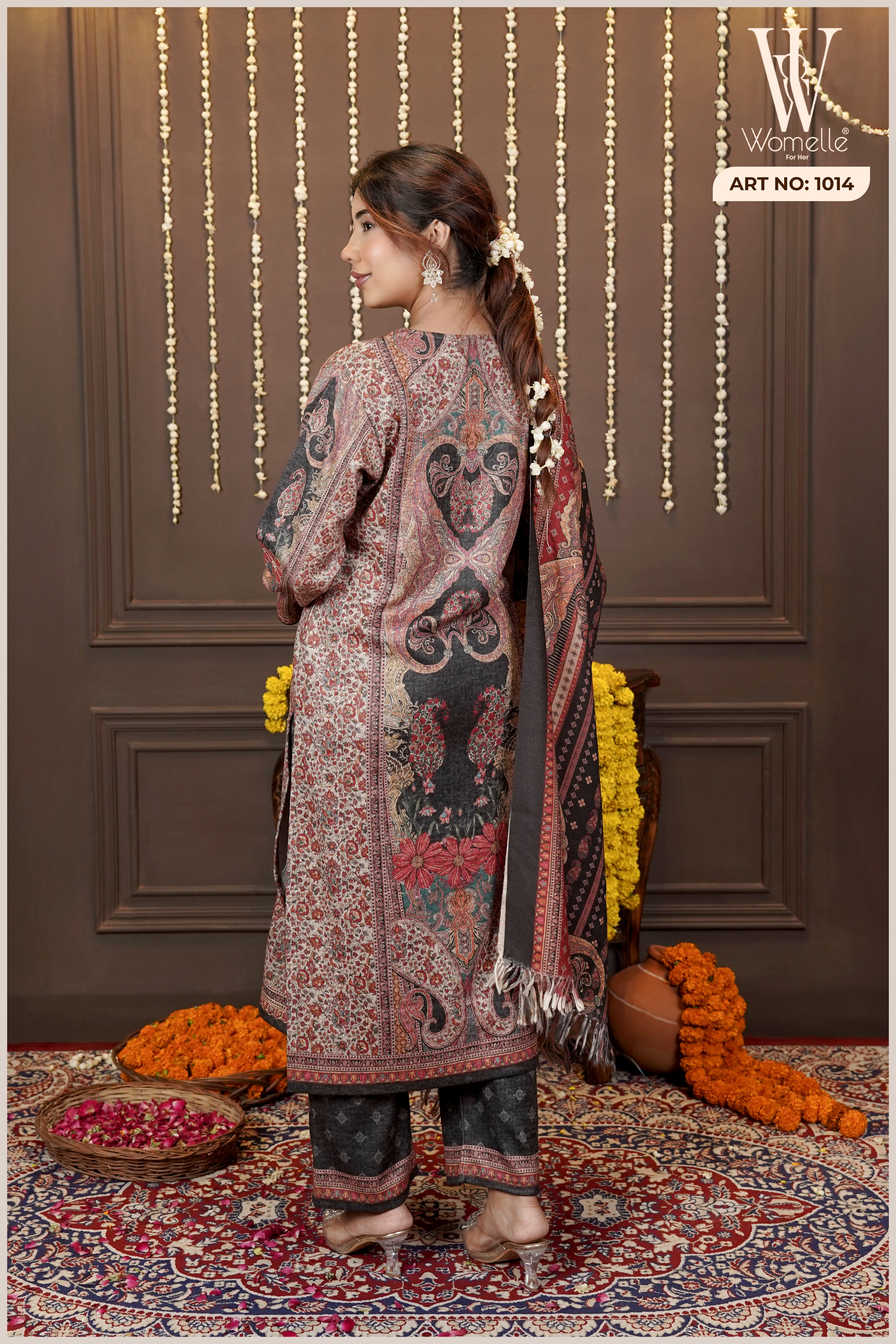 Dark Grey Royal Tapestry Winter Suit Set (With Shawl)
