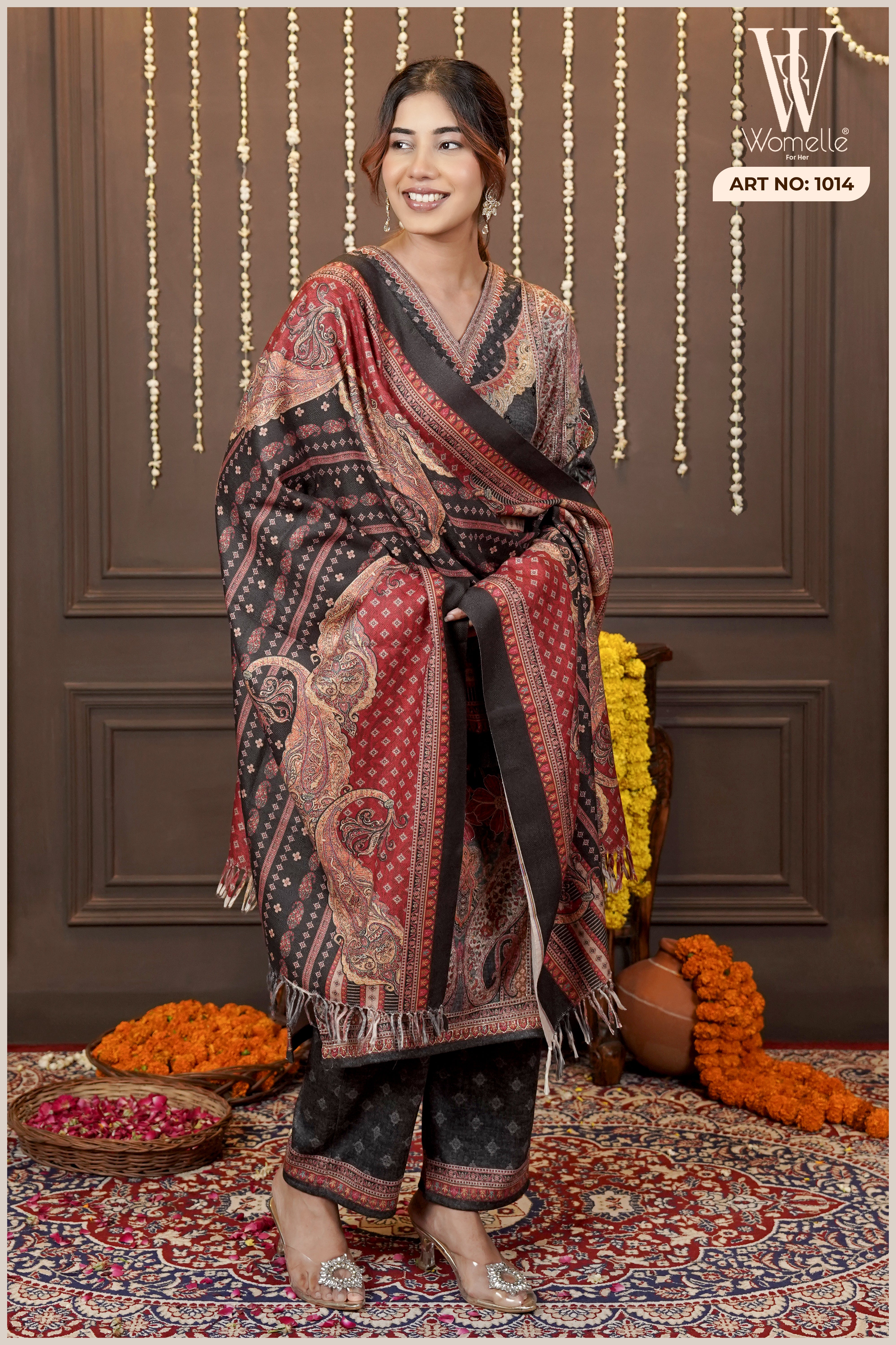 Dark Grey Royal Tapestry Winter Suit Set (With Shawl)