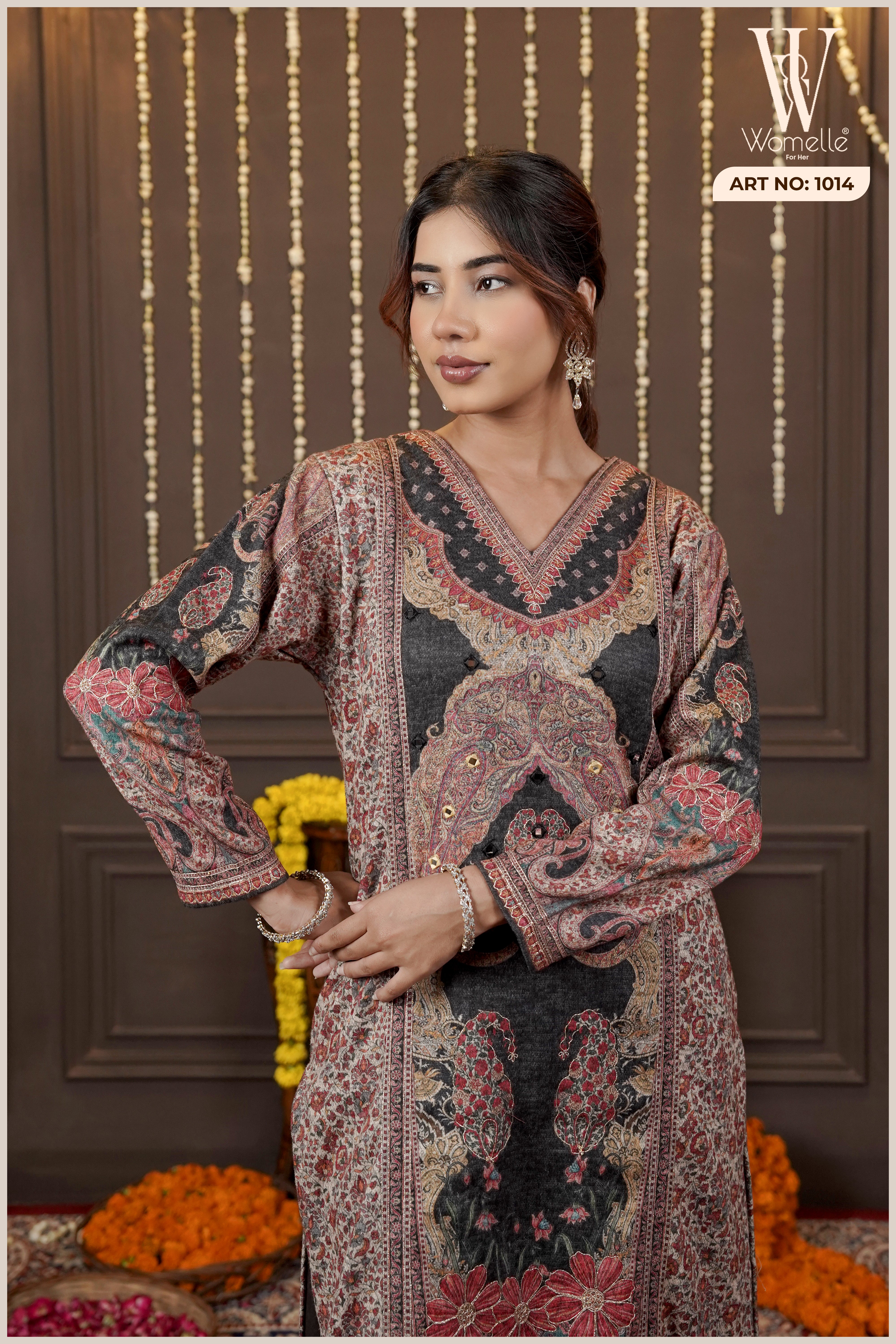 Dark Grey Royal Tapestry Winter Suit Set (With Shawl)