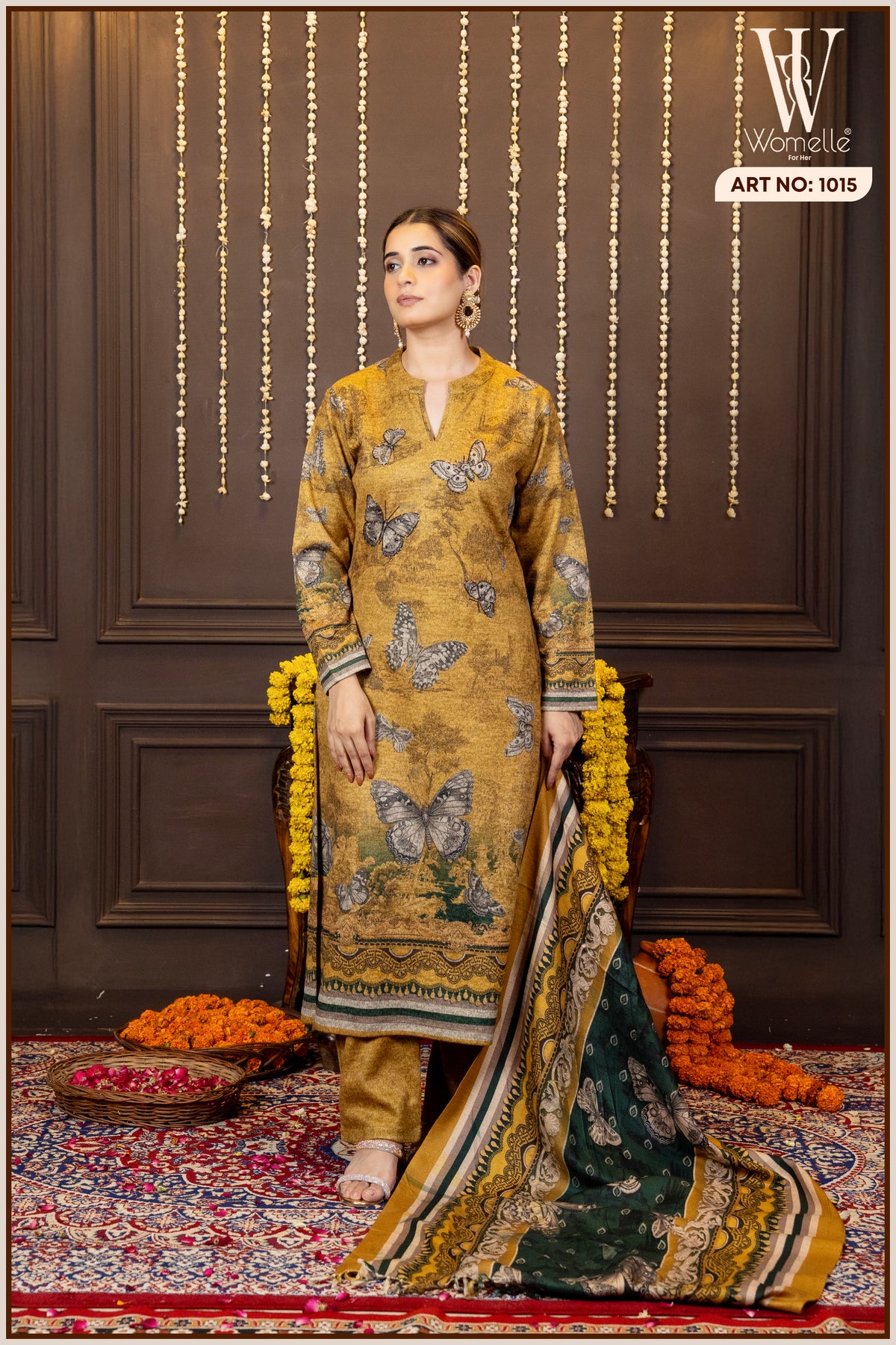 Mustard Heritage Bloom Winter Suit Set (With Shawl)