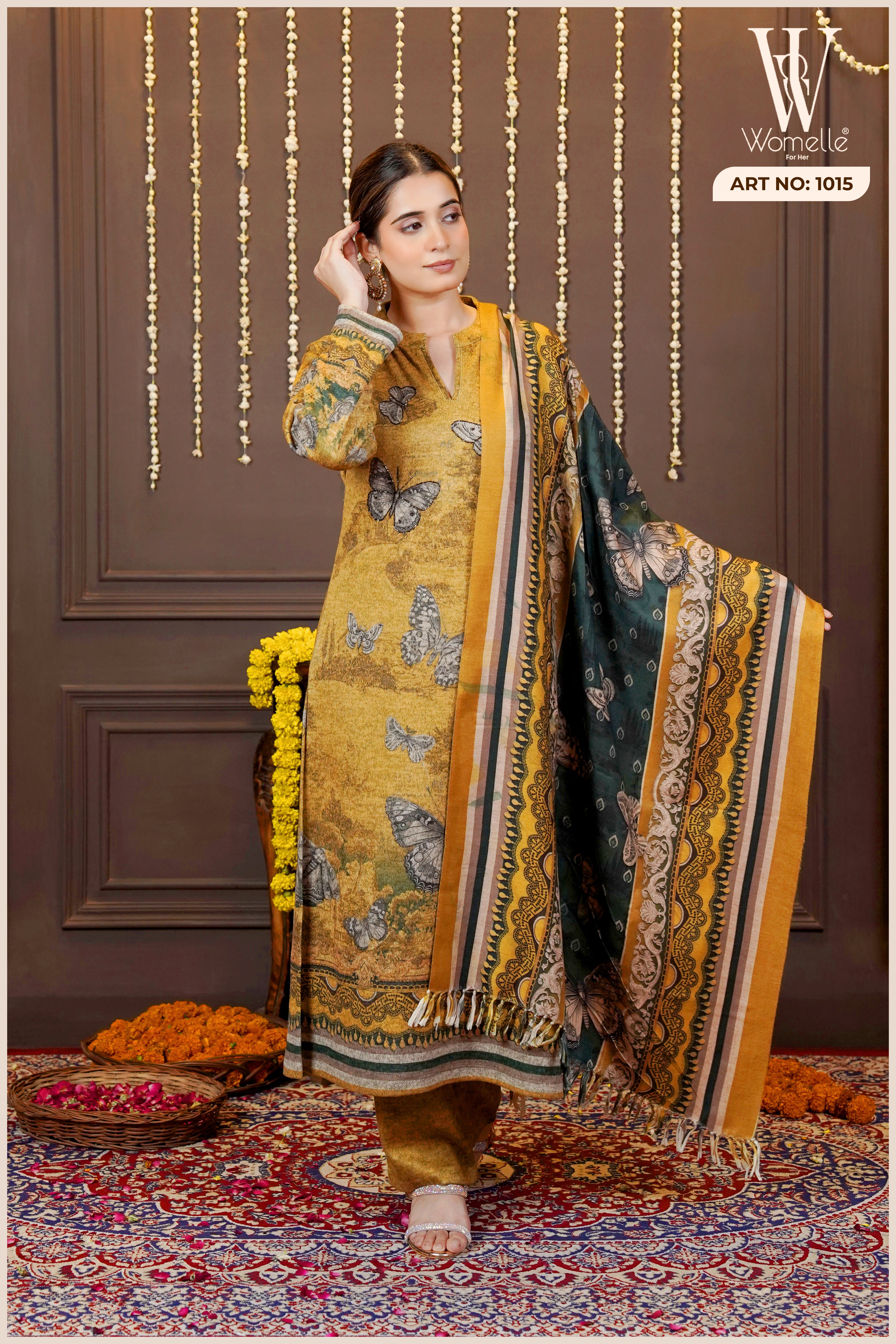 Mustard Heritage Bloom Winter Suit Set (With Shawl)