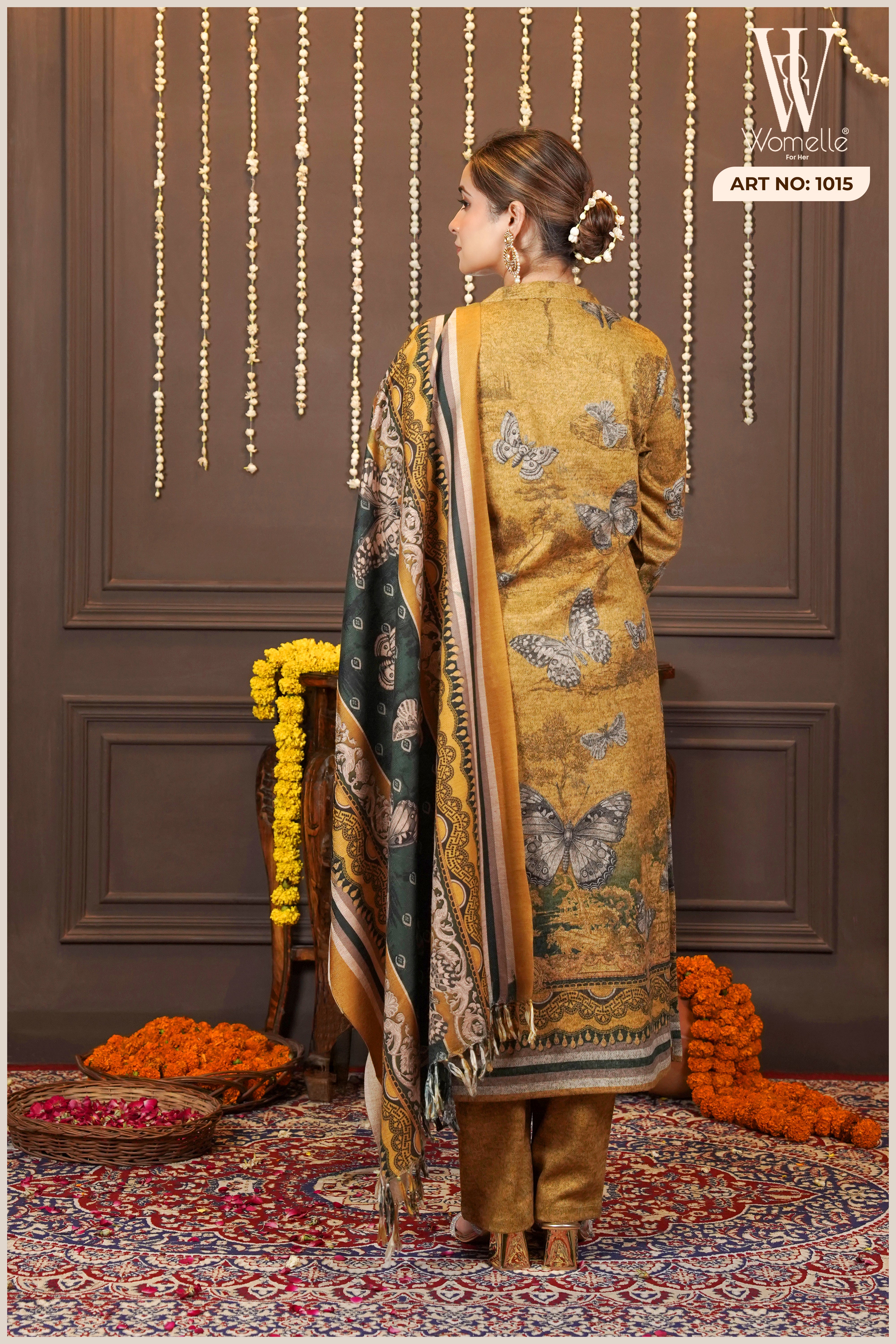 Mustard Heritage Bloom Winter Suit Set (With Shawl)
