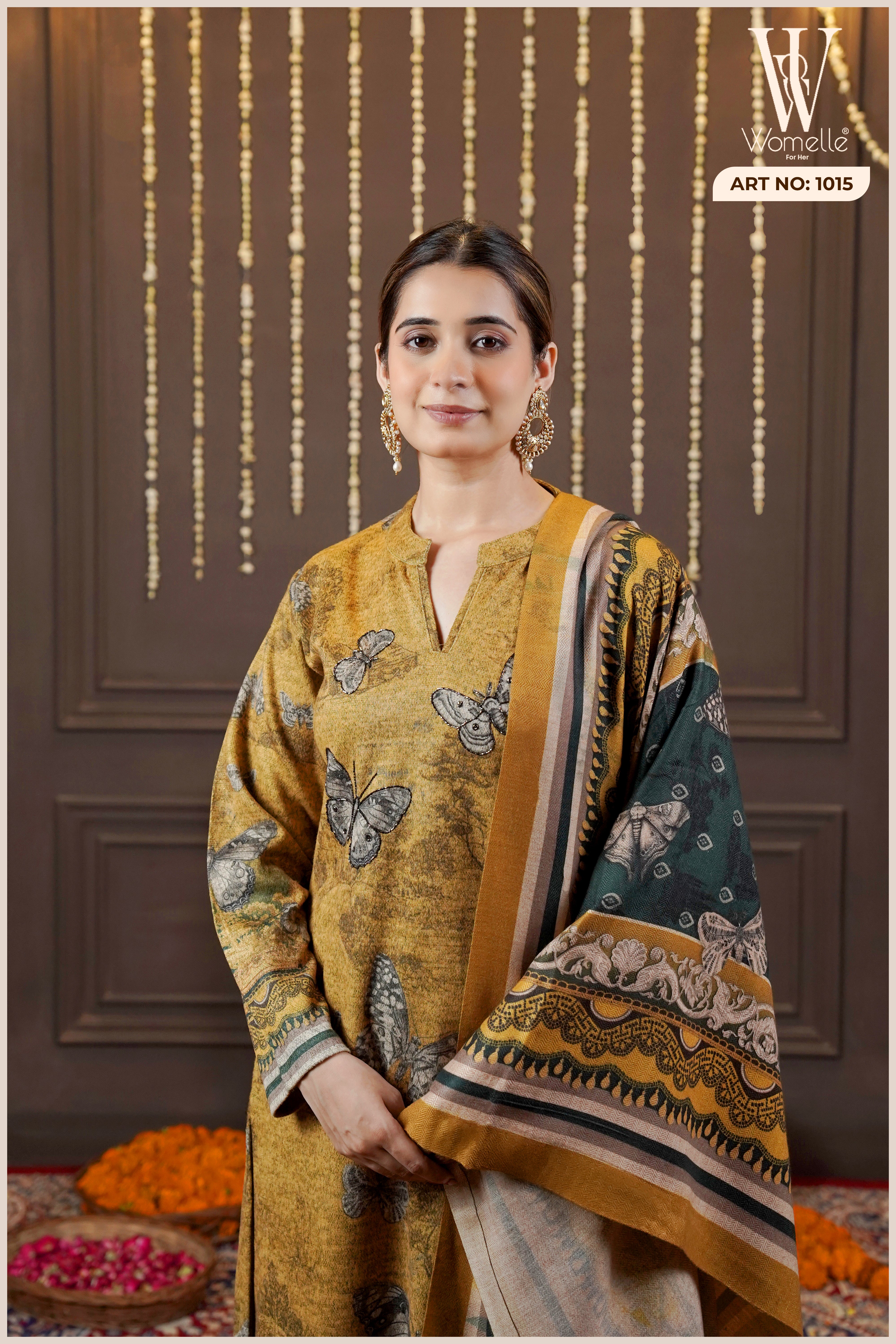 Mustard Heritage Bloom Winter Suit Set (With Shawl)