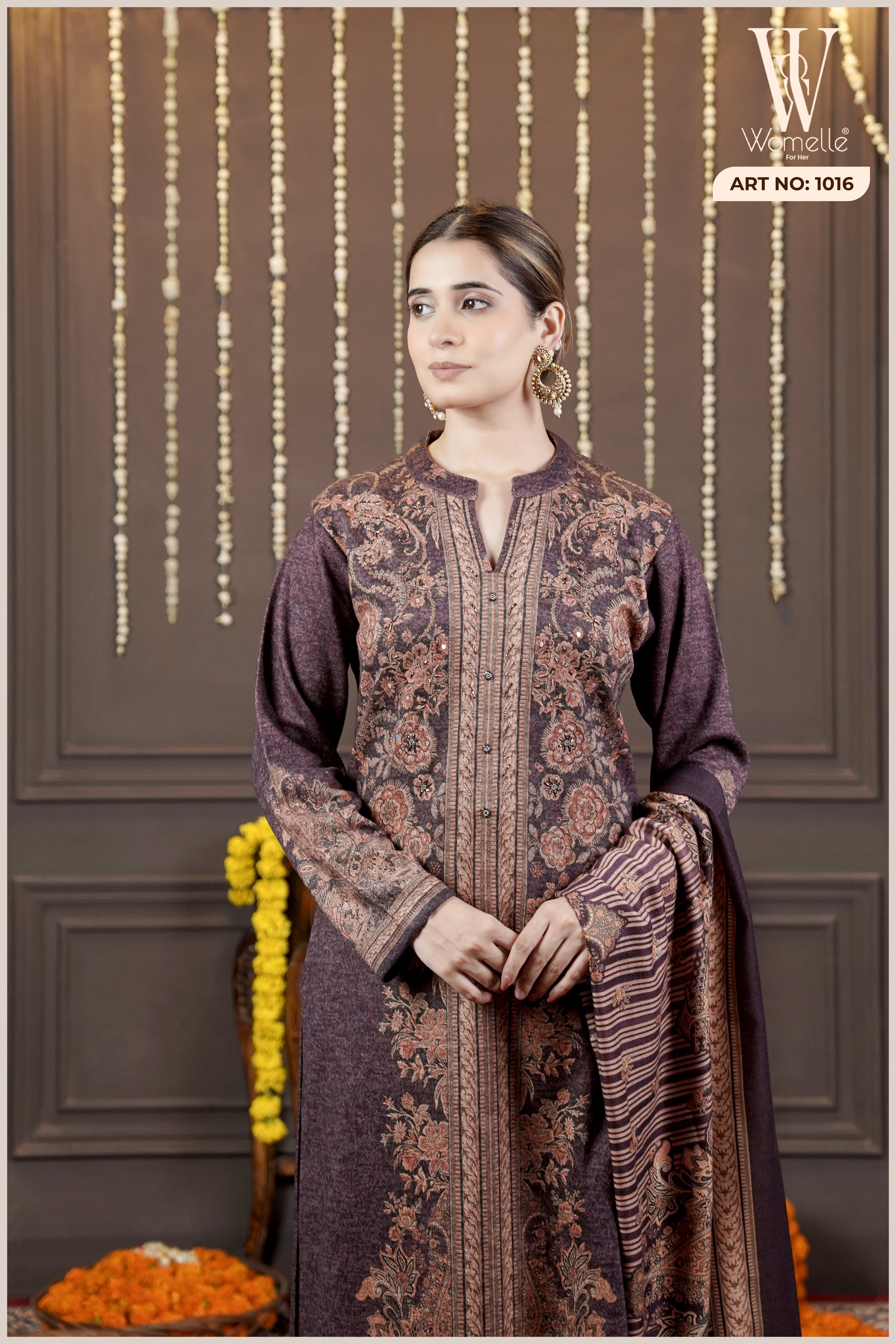 Mauve Kashmiri Bloom Winter Suit Set (With Shawl)