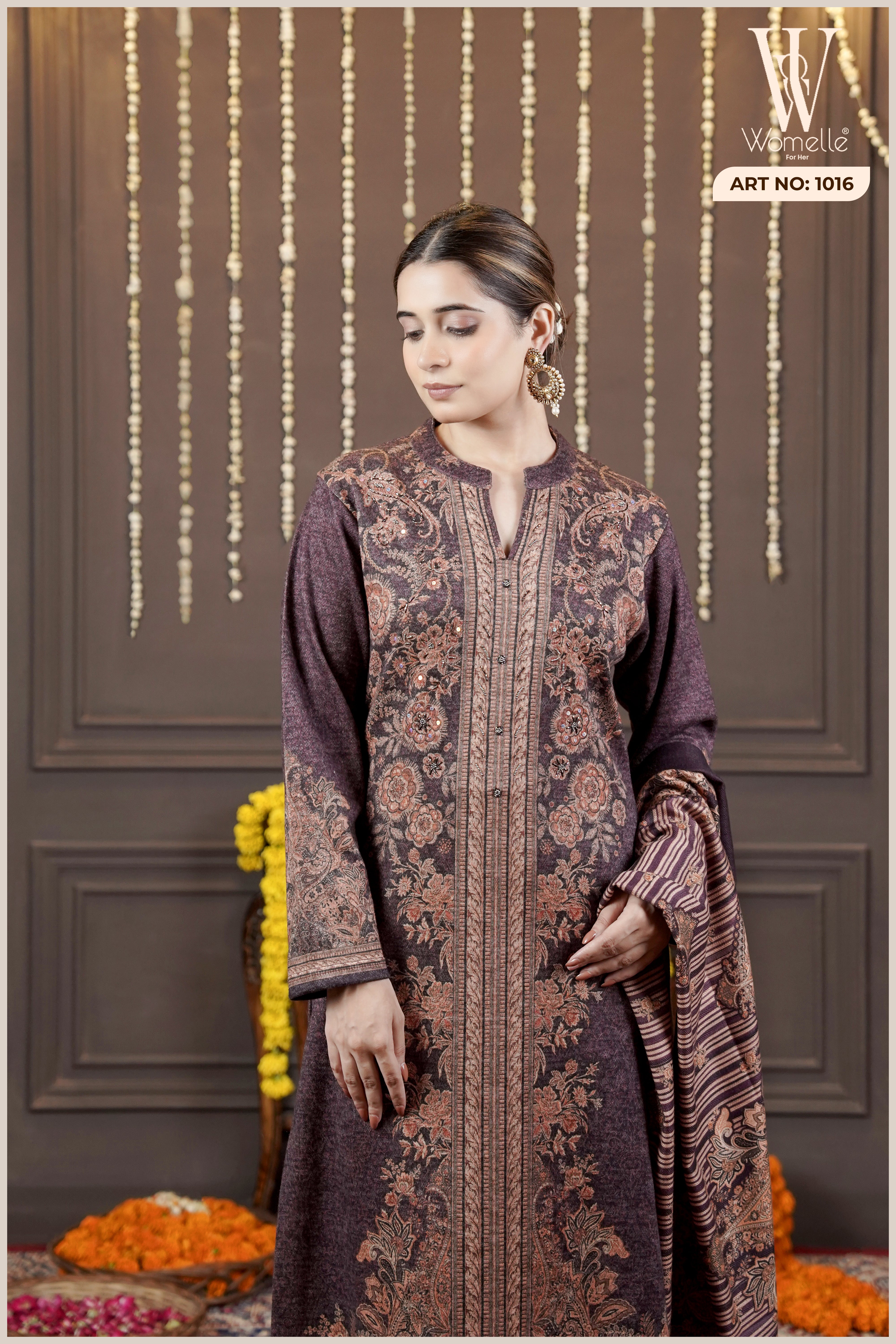 Mauve Kashmiri Bloom Winter Suit Set (With Shawl)