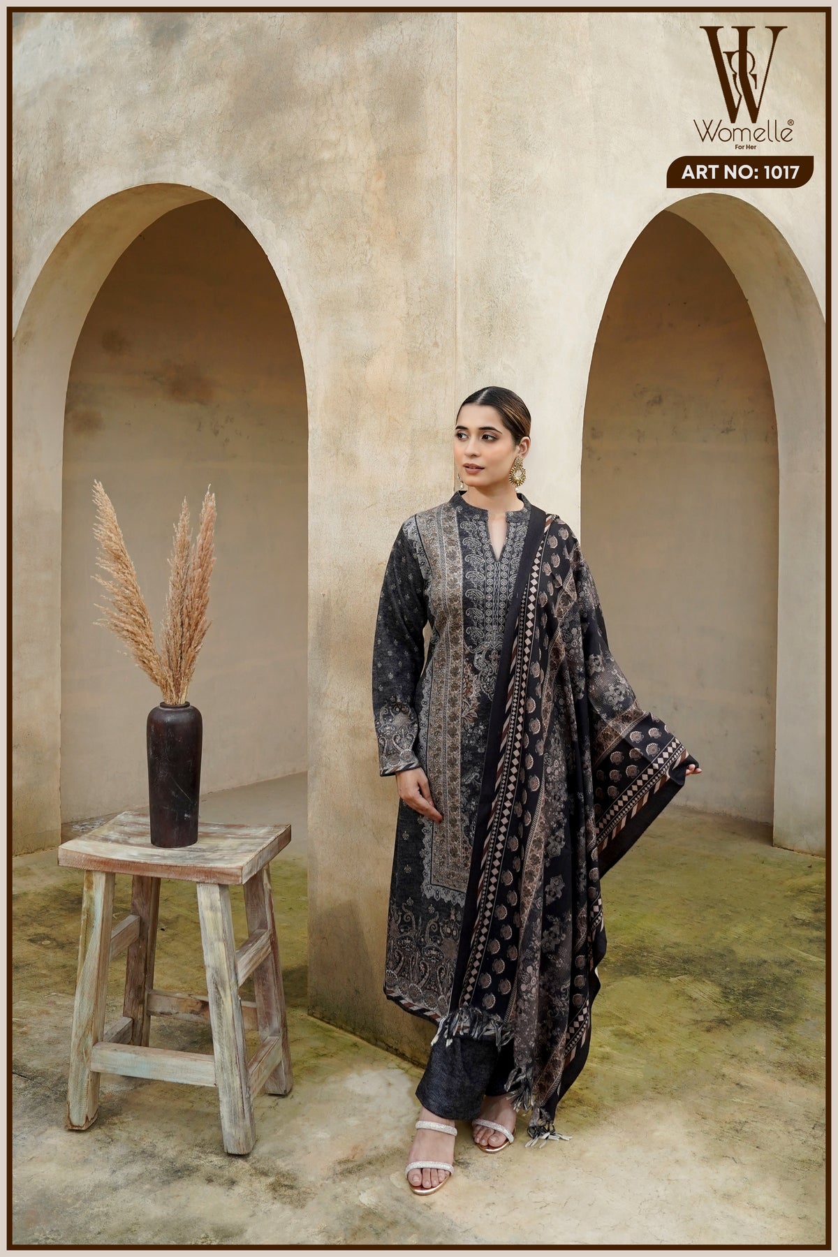 Black Regal Tapestry Winter Suit Set (With Shawl)