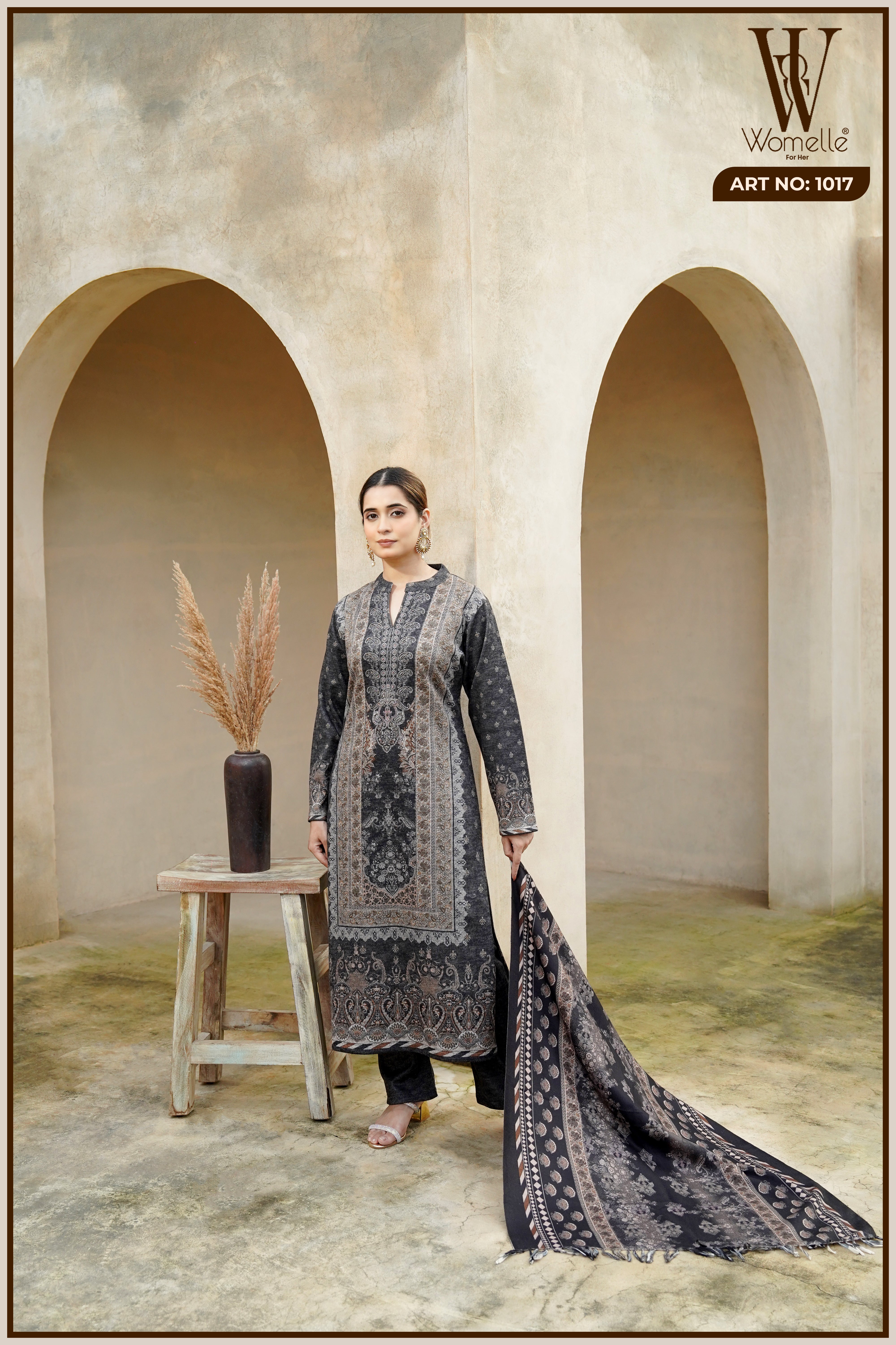 Black Regal Tapestry Winter Suit Set (With Shawl)