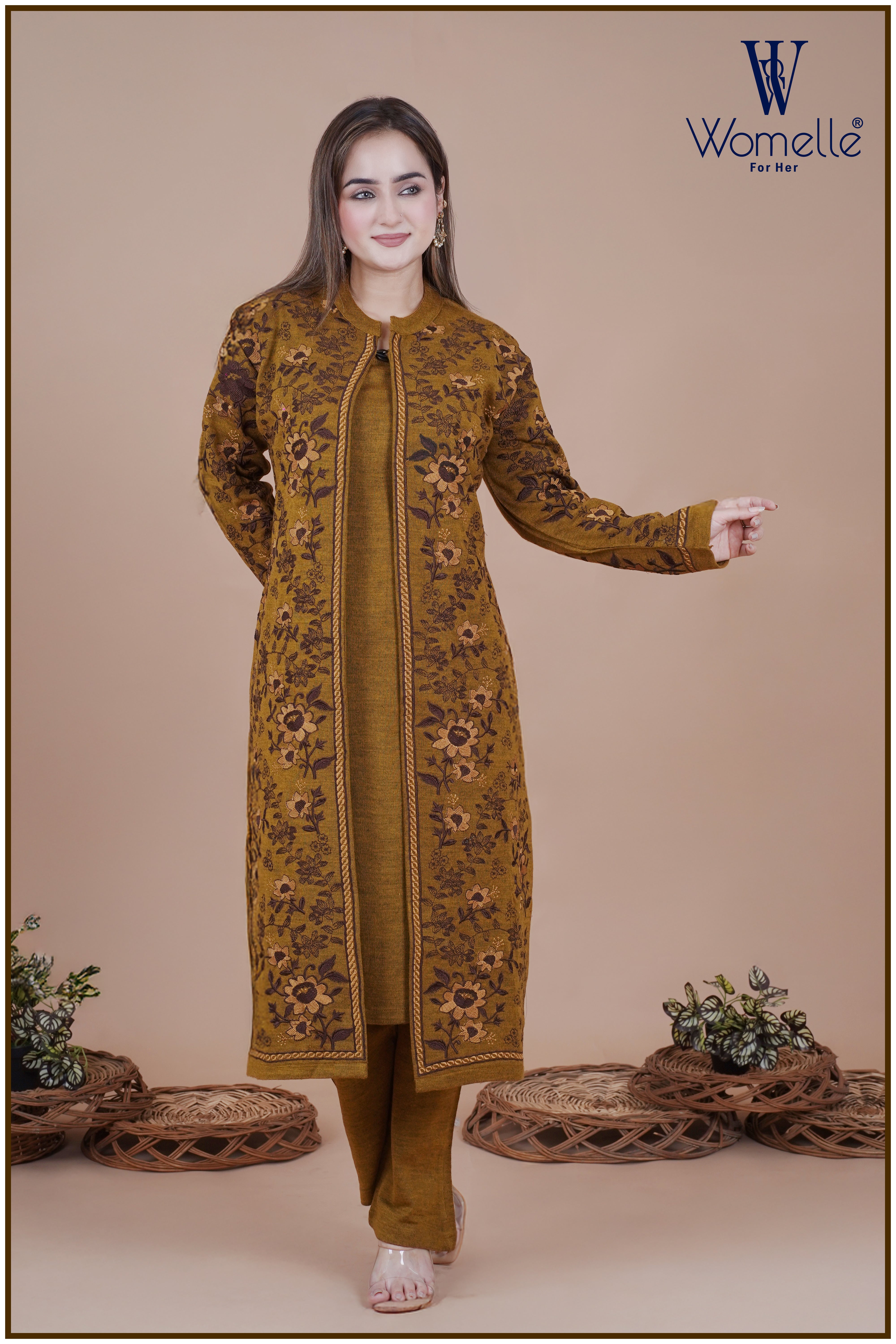 Royal Mustard Floral Winter Shrug Co-Ord Trio Set