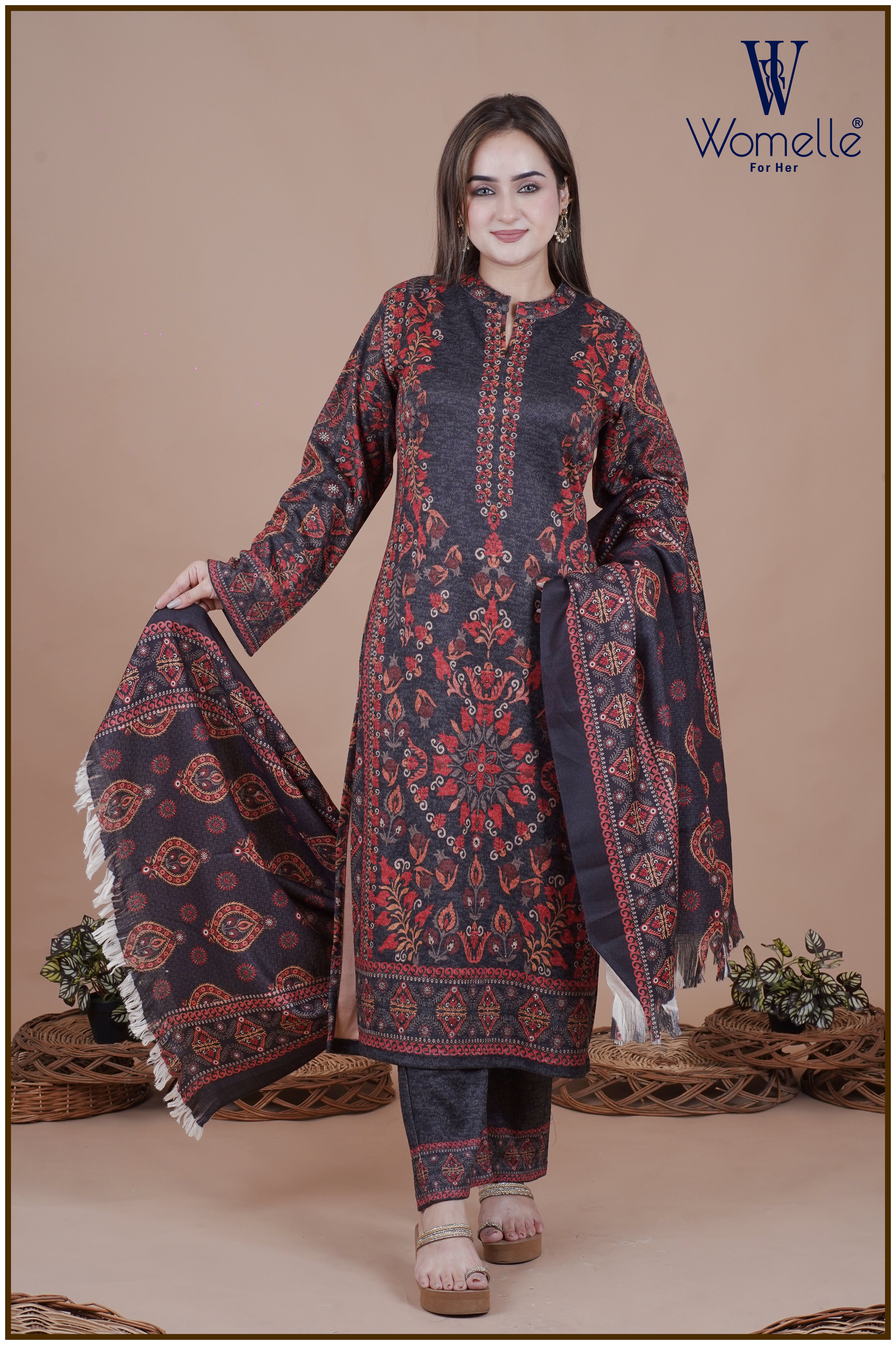 Kashmiri Charcoal Elegance Winter Suit Set (With Shawl)