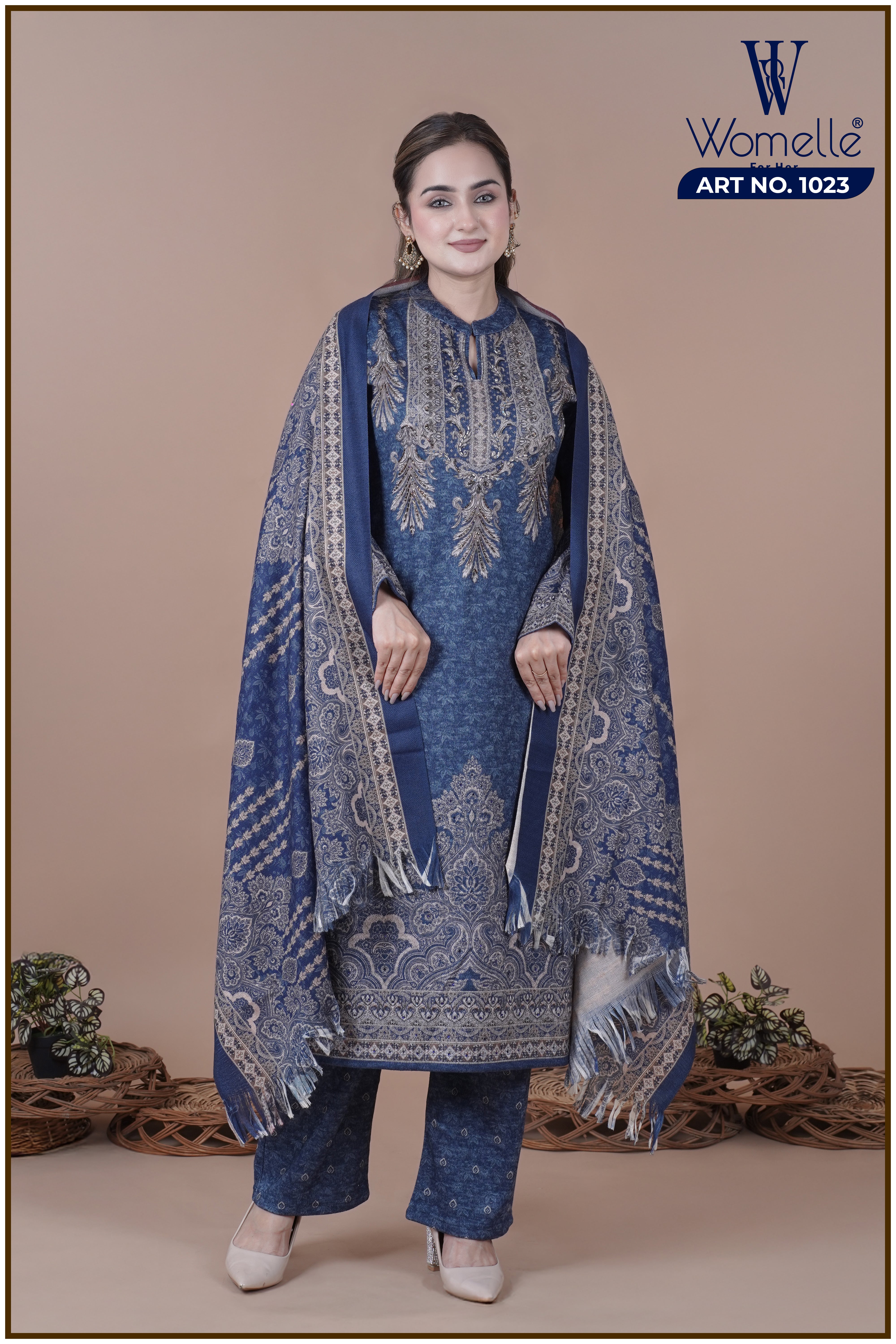 Blue Majestic Tapestry Winter Suit Set (With Shawl)