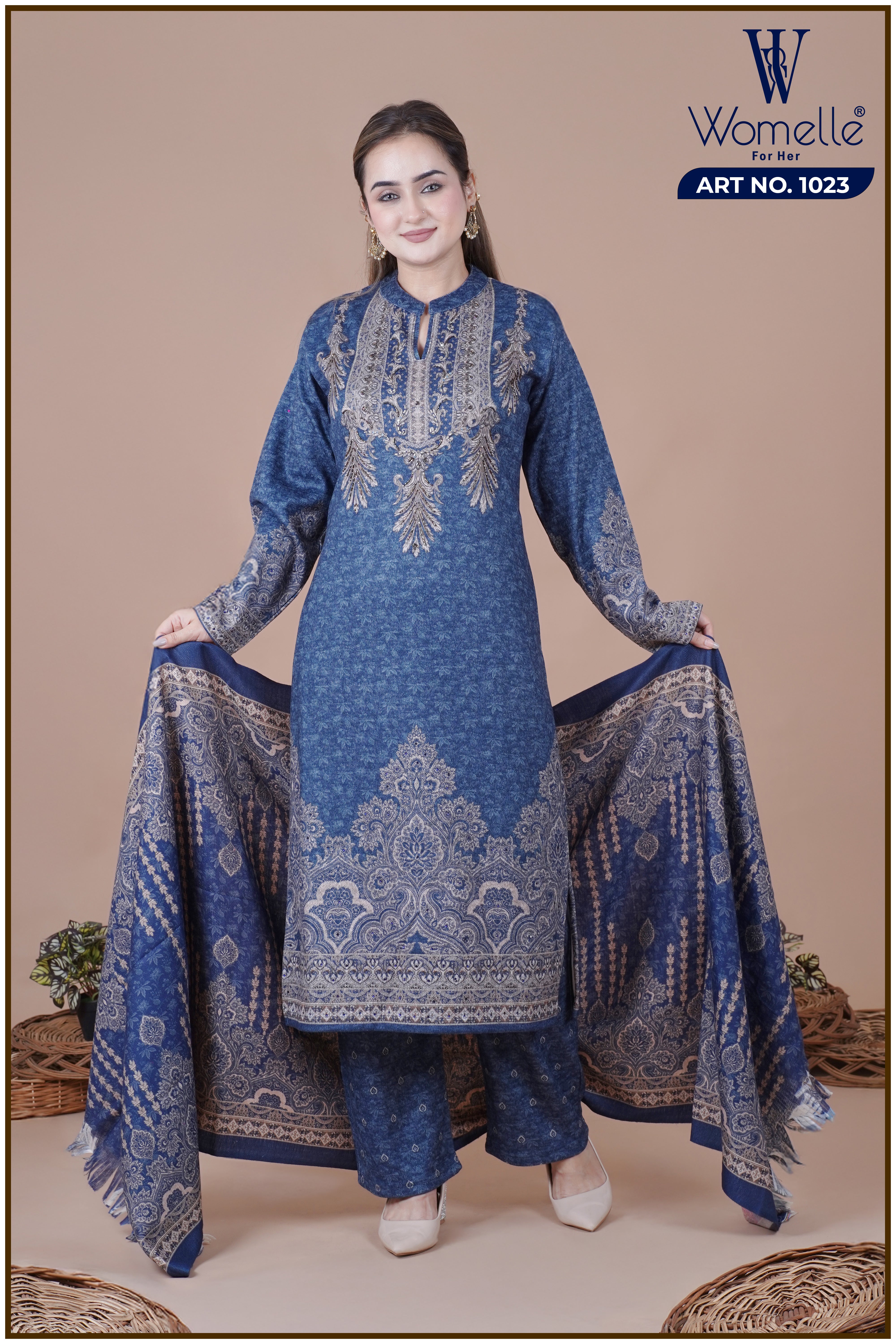 Blue Majestic Tapestry Winter Suit Set (With Shawl)