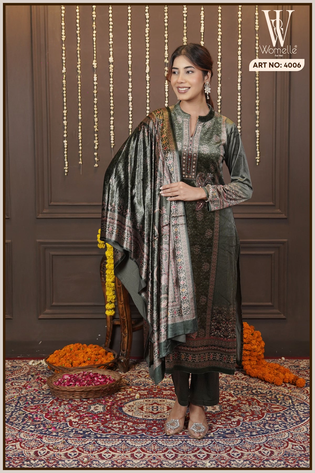 Bottle Green Velvet Heritage Suit Set (With Shawl)