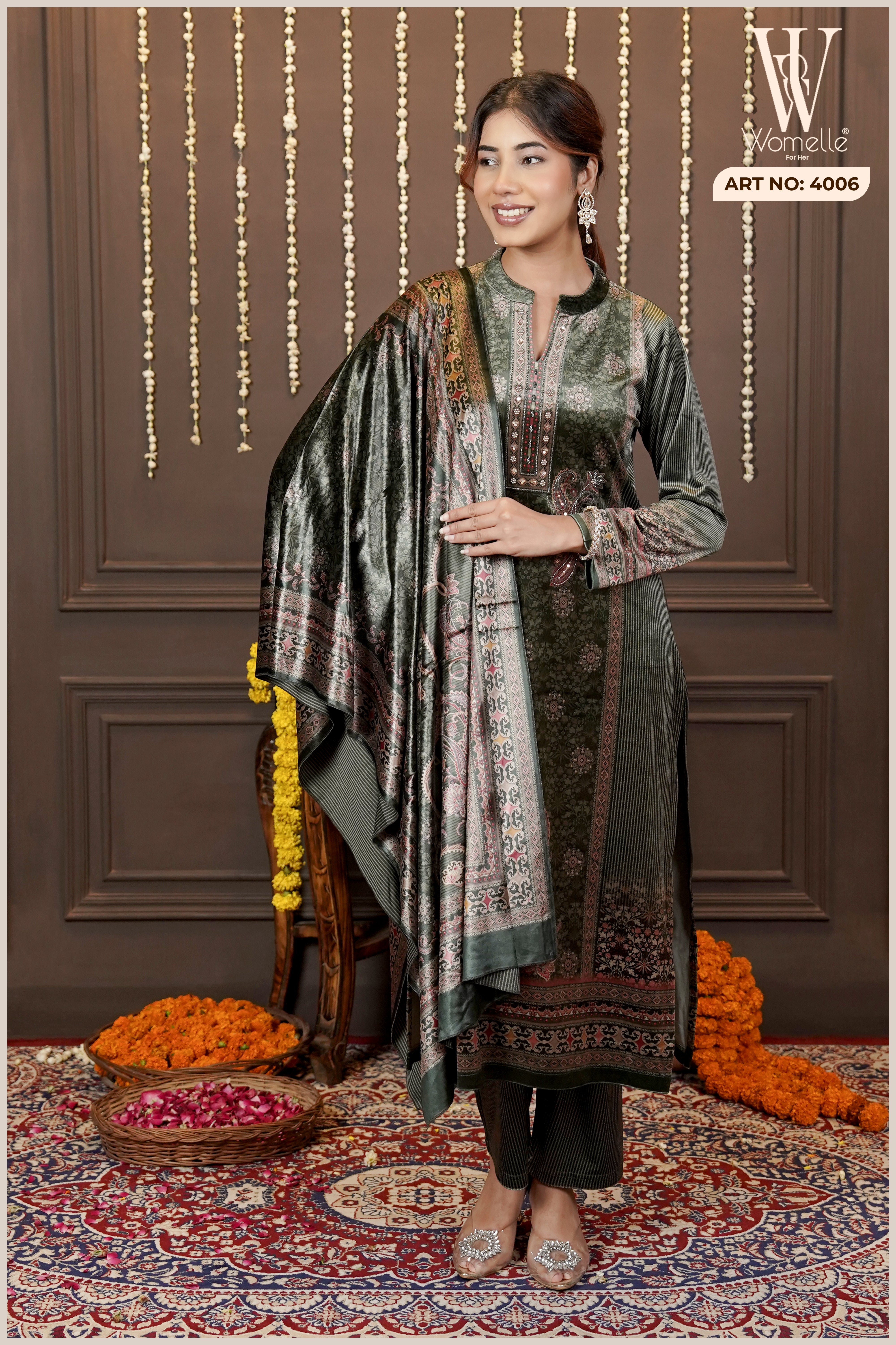 Bottle Green Velvet Heritage Suit Set (With Shawl)