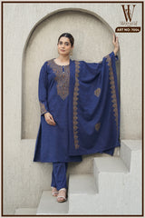 Blue Elite Embroidered Winter Suit Set (With Shawl)