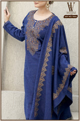 Blue Elite Embroidered Winter Suit Set (With Shawl)