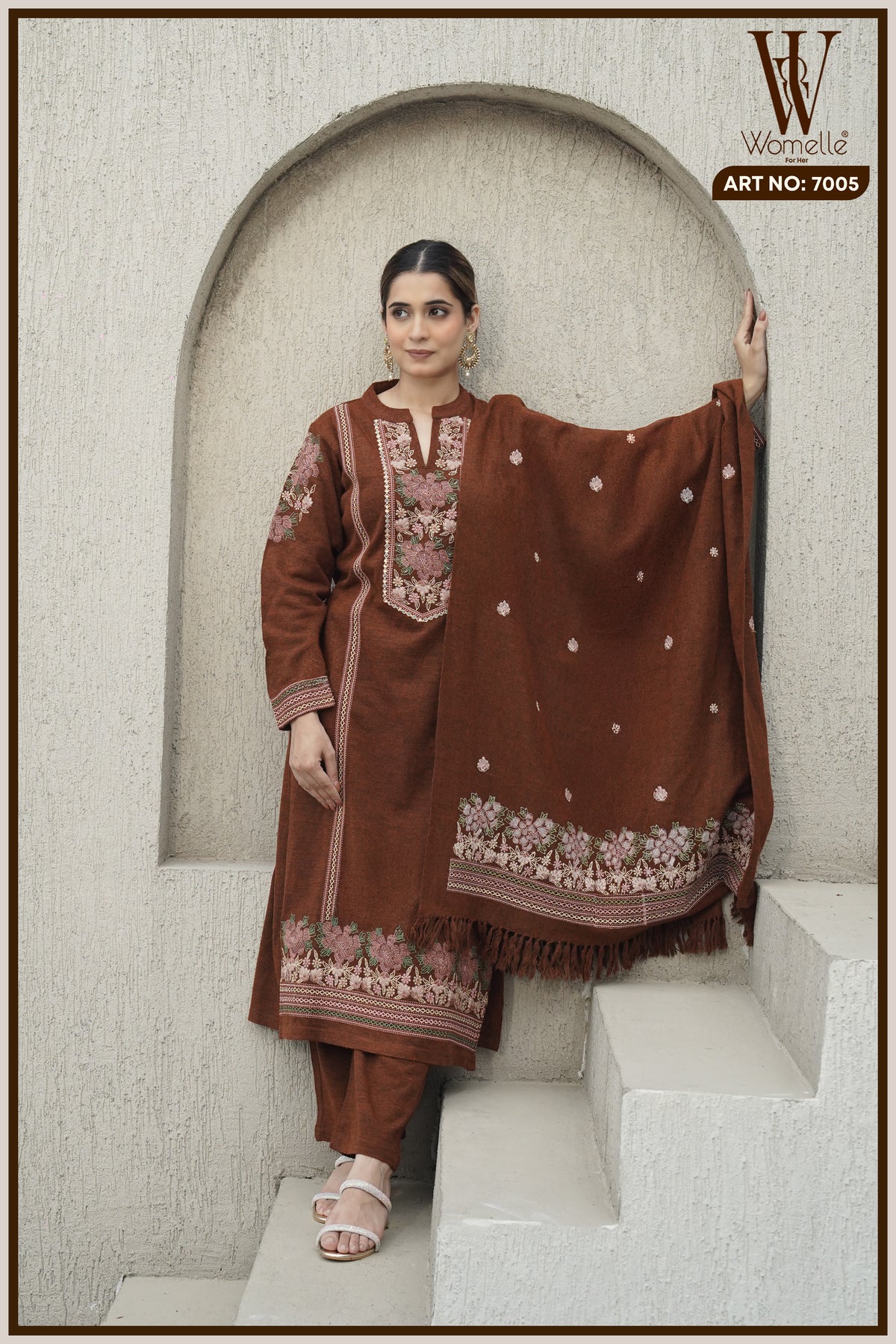 Brown Royal Embroidered Winter Suit Set (With Shawl)