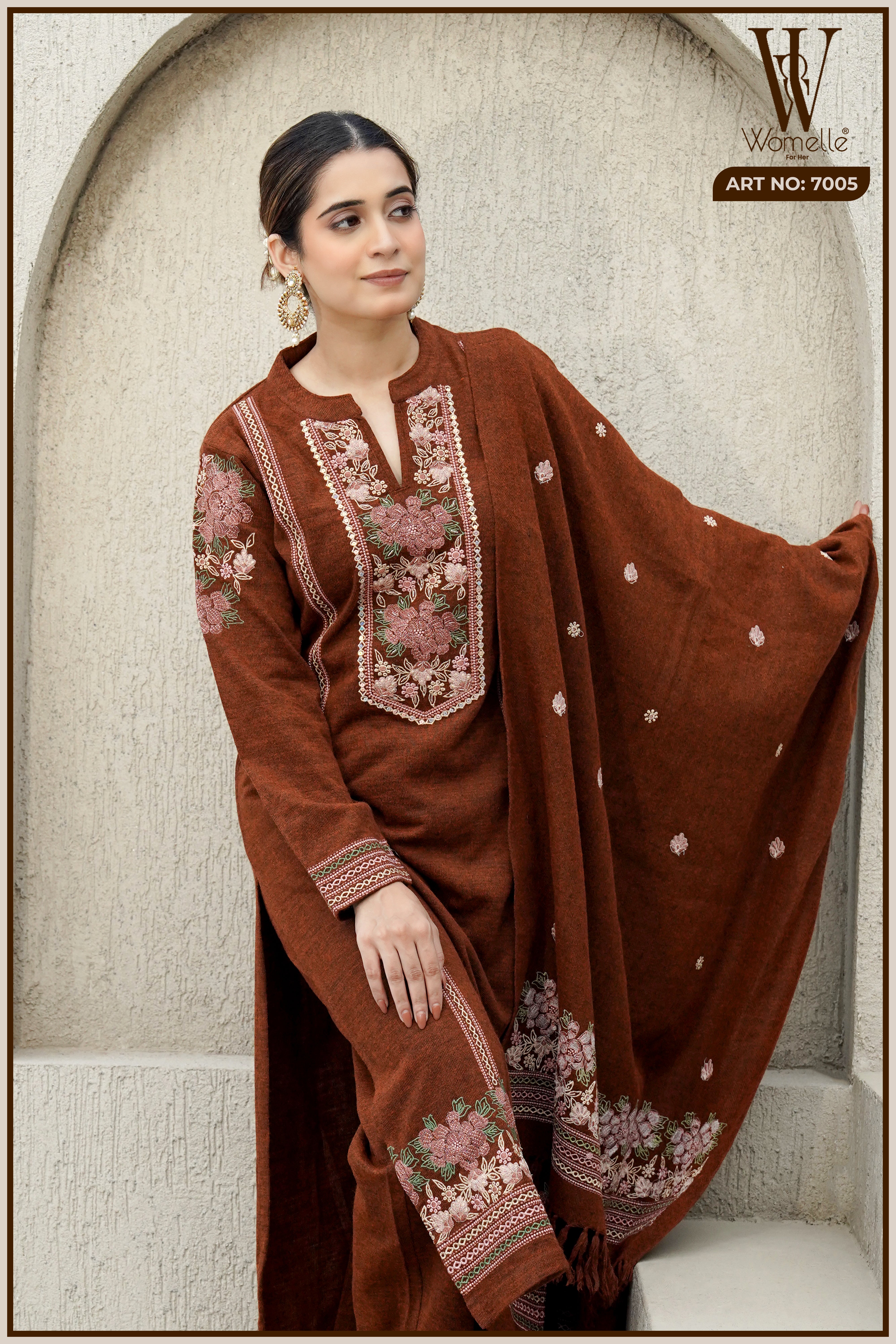 Brown Royal Embroidered Winter Suit Set (With Shawl)