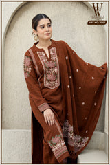 Brown Royal Embroidered Winter Suit Set (With Shawl)