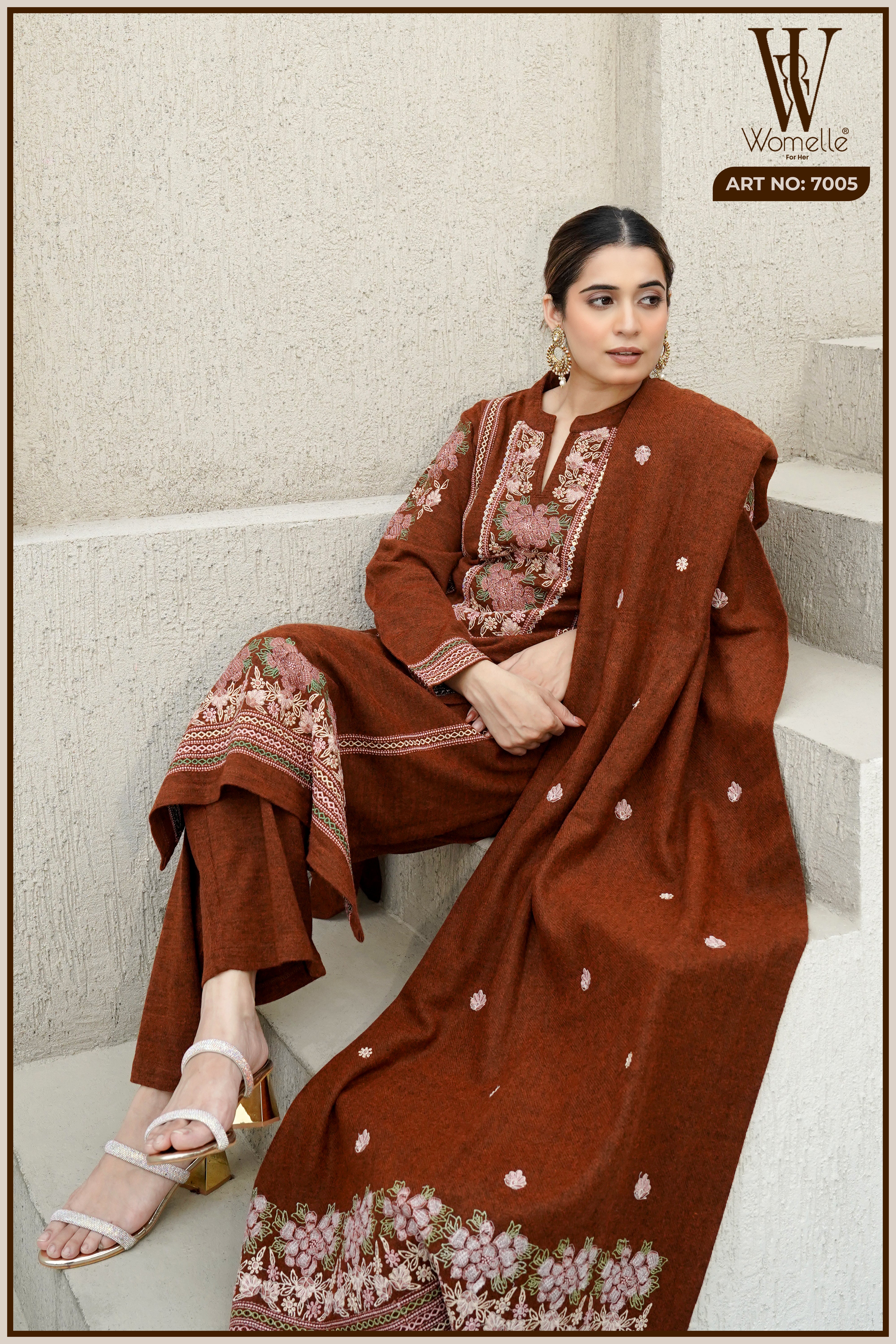 Brown Royal Embroidered Winter Suit Set (With Shawl)